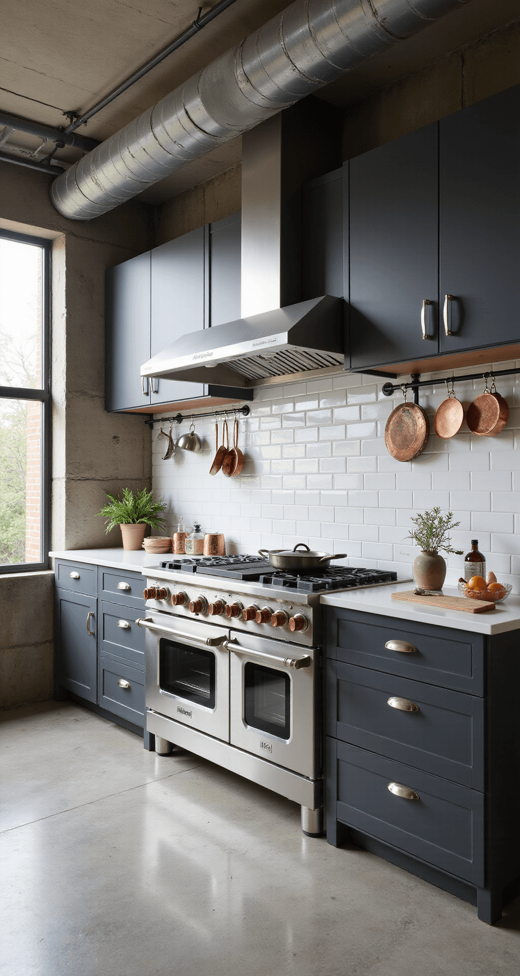Aluminum Kitchen Cabinets: The Sleek, Durable Revolution in Modern Home Design Industrial chic open-concept kitchen with exposed concrete ceiling, metal ductwork, and charcoal aluminum cabinets. Sunlight filters through industrial windows, highlighting a professional-grade range and white subway tile backsplash. A copper cookware display and potted herbs add warmth to the deep gray and stainless steel color palette.