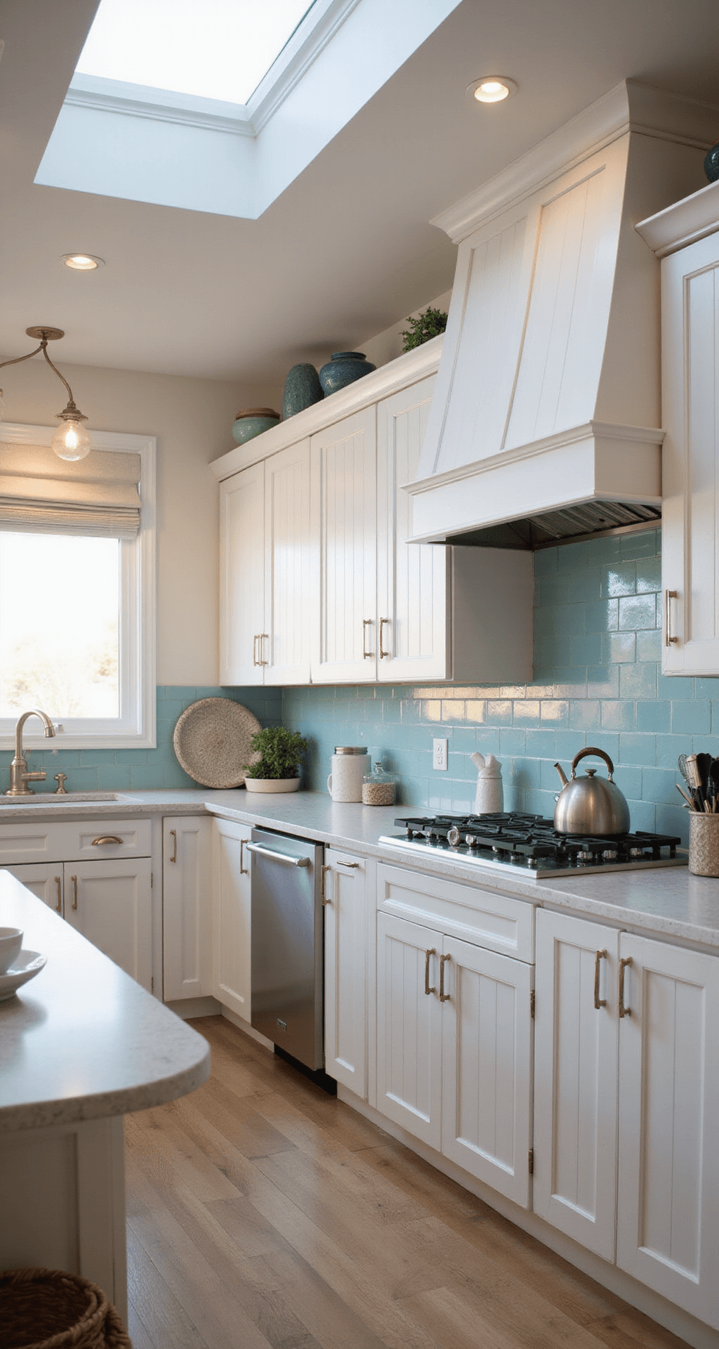 Aluminum Kitchen Cabinets: The Sleek, Durable Revolution in Modern Home Design Contemporary coastal kitchen featuring pearl-white aluminum cabinets, a pale blue glass backsplash, and a curved peninsula with a breakfast bar, illuminated by golden hour light and warm LED recessed lighting, with a color palette of white, sea glass blue, and sandy beige.