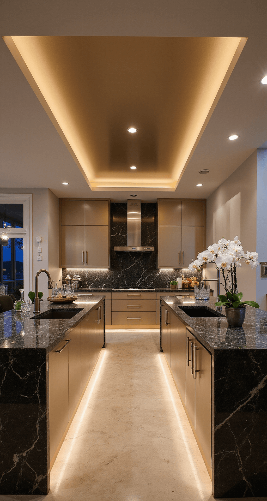 Aluminum Kitchen Cabinets: The Sleek, Durable Revolution in Modern Home Design A luxurious 16x22ft urban kitchen featuring Champagne-finished aluminum cabinets, double islands with dark veined marble waterfall edges, and dramatic evening lighting. The space is adorned with layered lighting from chandeliers, sconces, and cabinet lights, showcasing metallic surfaces, marble, and mirrors. Styled with orchids and crystal decanters, the warm metallics, cream, and charcoal color palette enhance the elegance of the room.