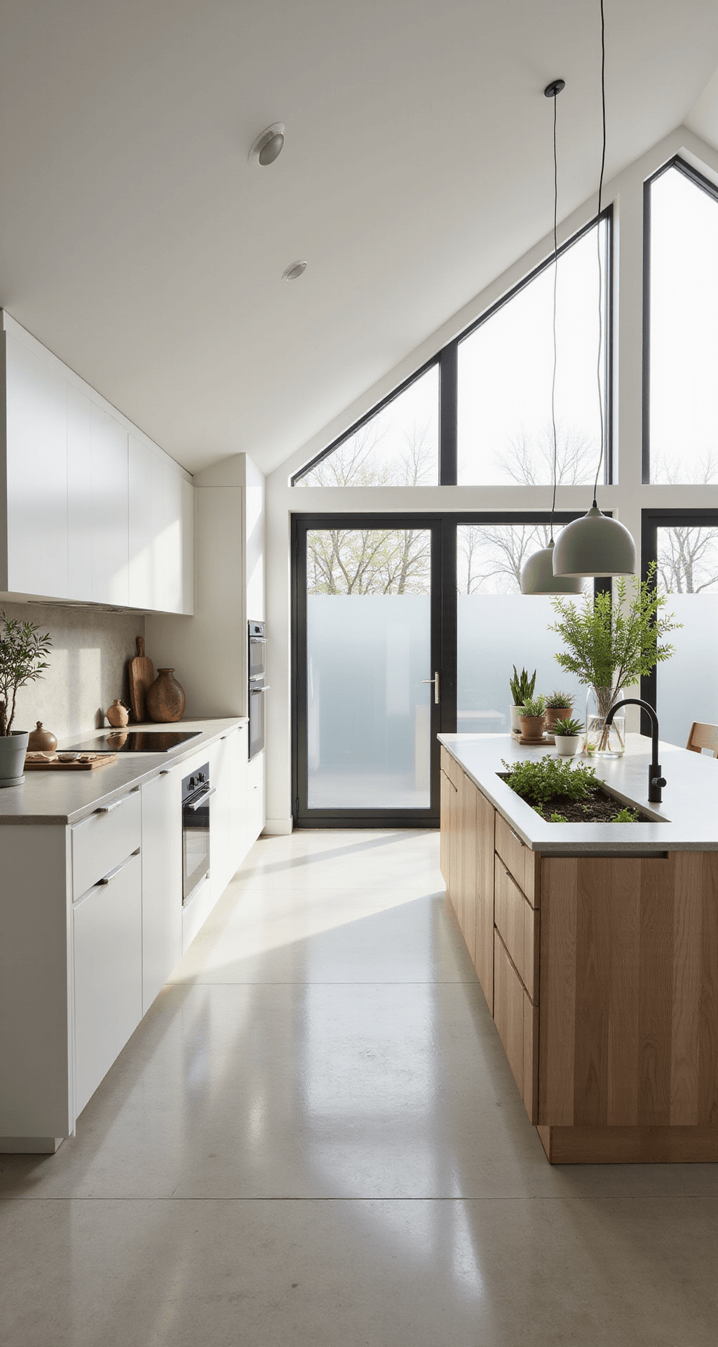 Aluminum Kitchen Cabinets: The Sleek, Durable Revolution in Modern Home Design Bright Scandinavian-inspired kitchen featuring pitched ceiling, frosted windows, matte white aluminum cabinets, and wooden accents. A peninsula with a built-in herb garden highlights clean lines, complemented by natural light and a soothing palette of white, pale ash wood, and sage green. Decorated with potted plants and minimal wooden accessories, the space exudes a fresh, airy ambiance.