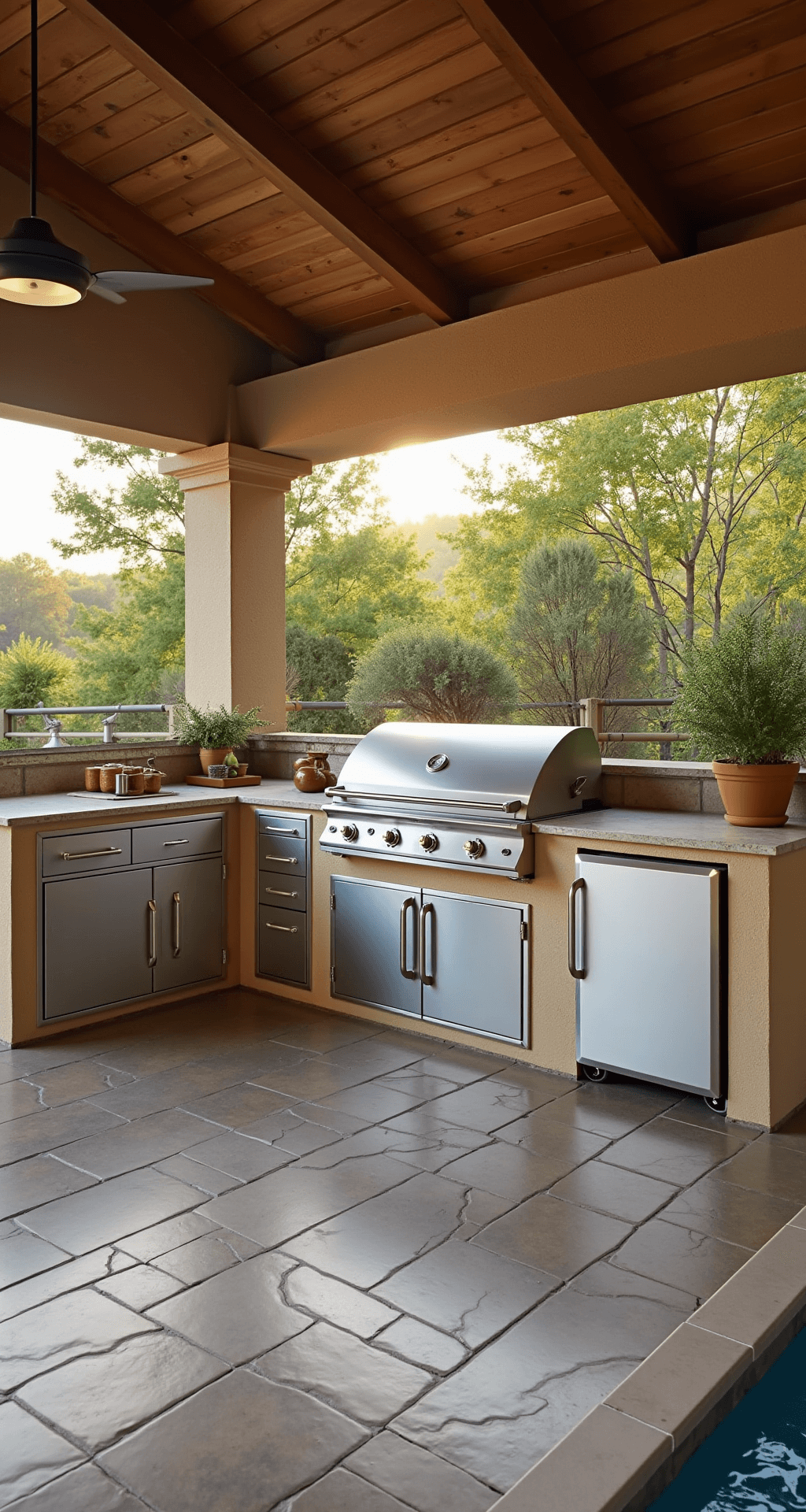 Aluminum Kitchen Cabinets: The Sleek, Durable Revolution in Modern Home Design A spacious 12x24ft outdoor kitchen pavilion featuring silver aluminum cabinets, a built-in grill station, and pizza oven, illuminated by golden hour light, surrounded by weather-resistant materials, natural stone, and potted Mediterranean herbs.