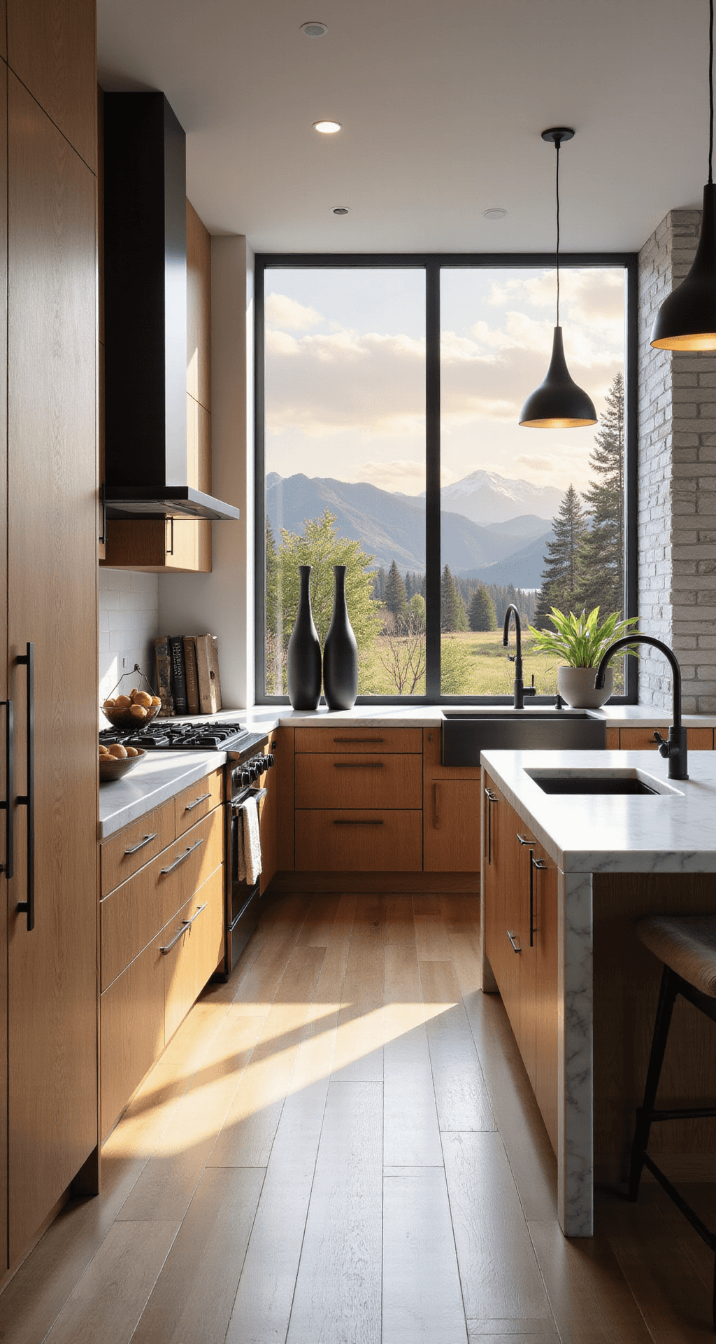 Knotty Alder Kitchen Cabinets: A Rustic Charm for Your Culinary Space Modern transitional kitchen featuring knotty alder cabinets with dark bronze hardware, a minimalist white marble waterfall island, and floor-to-ceiling windows showcasing mountain views, all illuminated by soft natural backlight.