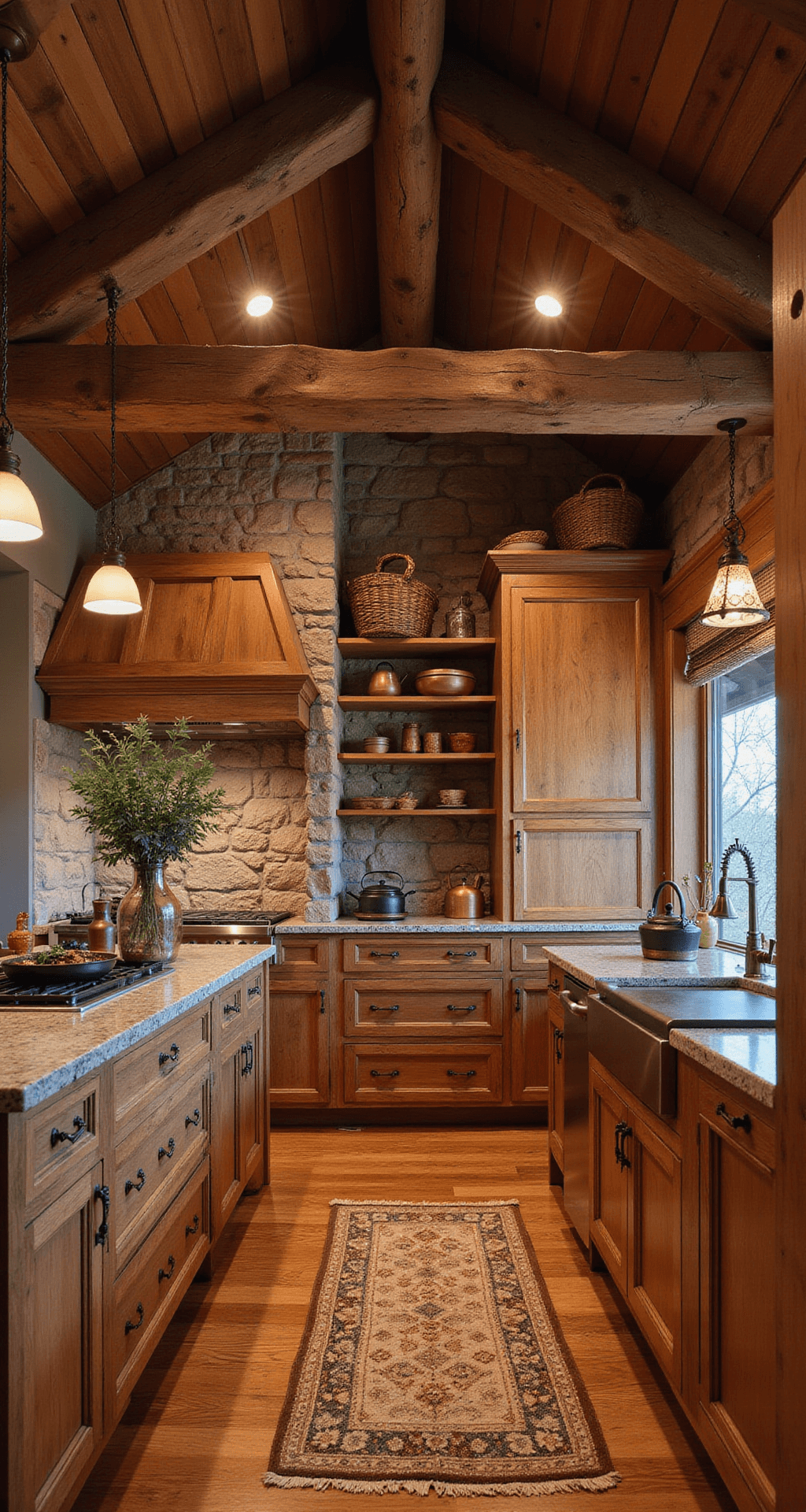 Knotty Alder Kitchen Cabinets: A Rustic Charm for Your Culinary Space Cozy cabin-style kitchen with rustic knotty alder cabinets, vaulted ceiling with exposed beams, and stone backsplash, featuring a wide-angle view from the doorway during blue hour, adorned with vintage copper kettles, woven baskets, and hanging dried herbs.