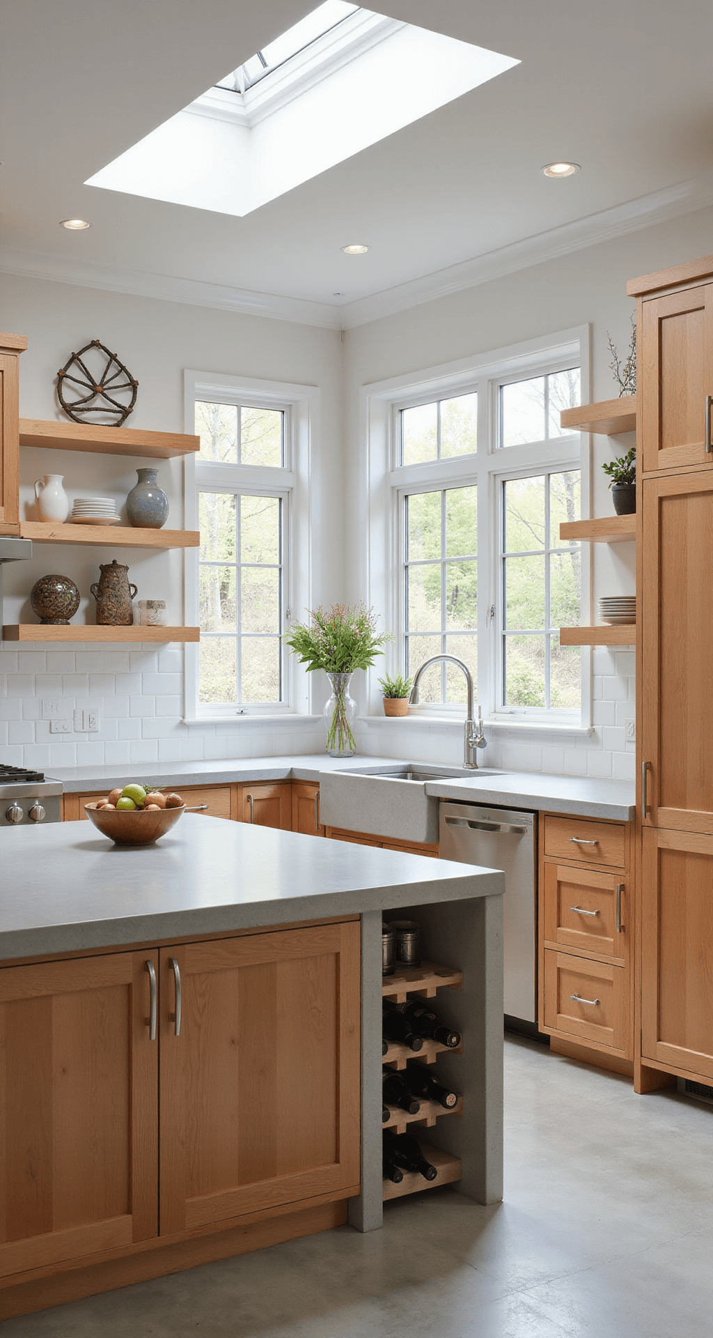 Knotty Alder Kitchen Cabinets: A Rustic Charm for Your Culinary Space A sun-filled contemporary kitchen featuring Plymouth-style knotty alder cabinets, a white subway tile backsplash, and a concrete waterfall island. Floor-to-ceiling windows illuminate the space, with minimalist ceramic displays on floating shelves. Decorative elements include a sculptural fruit bowl, a modern wine rack, and potted succulents, all harmonizing in natural alder, bright white, and gray tones.