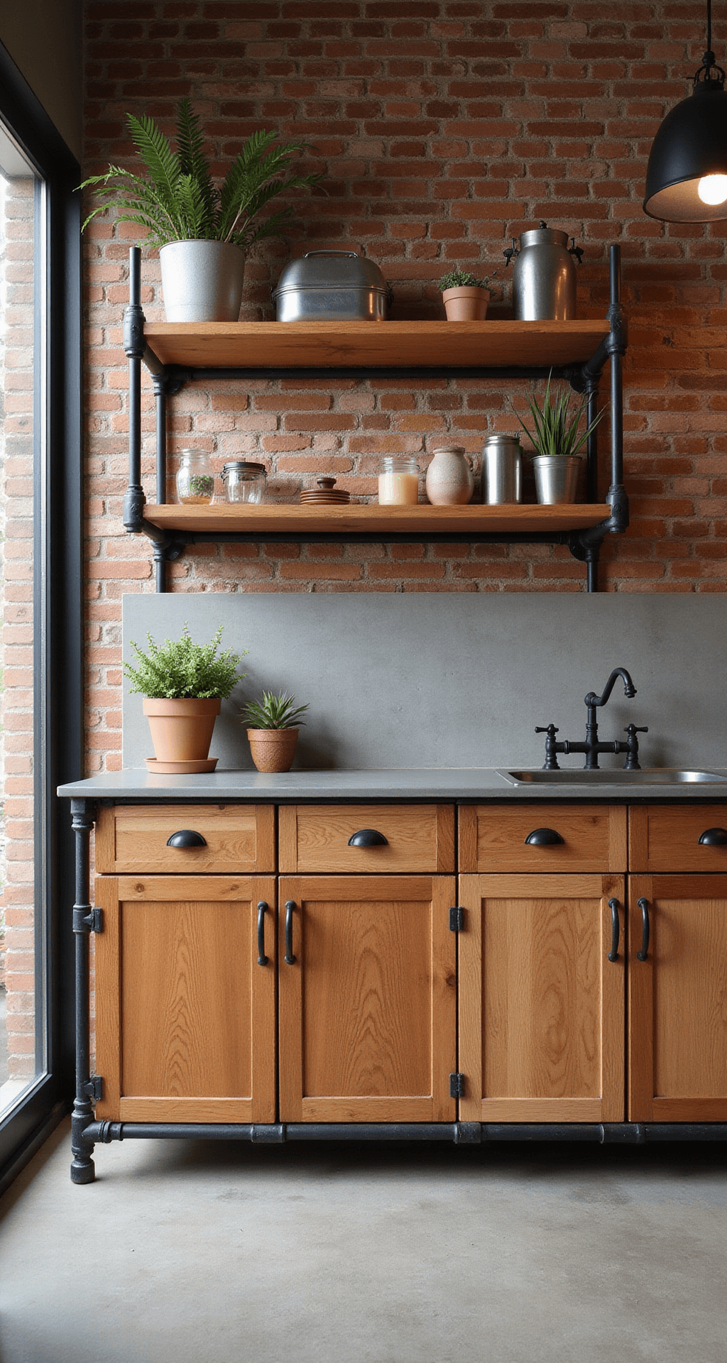 Knotty Alder Kitchen Cabinets: A Rustic Charm for Your Culinary Space Industrial-modern kitchen featuring knotty alder cabinets with flat panel doors and black metal pulls, an exposed brick wall, and polished concrete floors. The image captures a symmetrical cabinet layout under natural afternoon light, accented by metal pipe shelving, industrial light fixtures, and architectural plants.