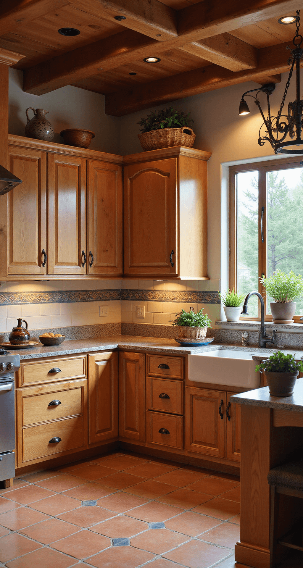 Knotty Alder Kitchen Cabinets: A Rustic Charm for Your Culinary Space A Mediterranean-inspired kitchen featuring knotty alder cabinets with arched panel doors and ornate bronze hardware, set in morning light. The terracotta tile floor and hand-painted tile backsplash complement the wood-beamed ceiling and wrought iron chandelier. The image captures the corner view, highlighting cabinet details and room depth, styled with ceramic olive oil vessels, woven baskets, and potted herbs, in a palette of warm wood, terracotta, deep blues, and greens.