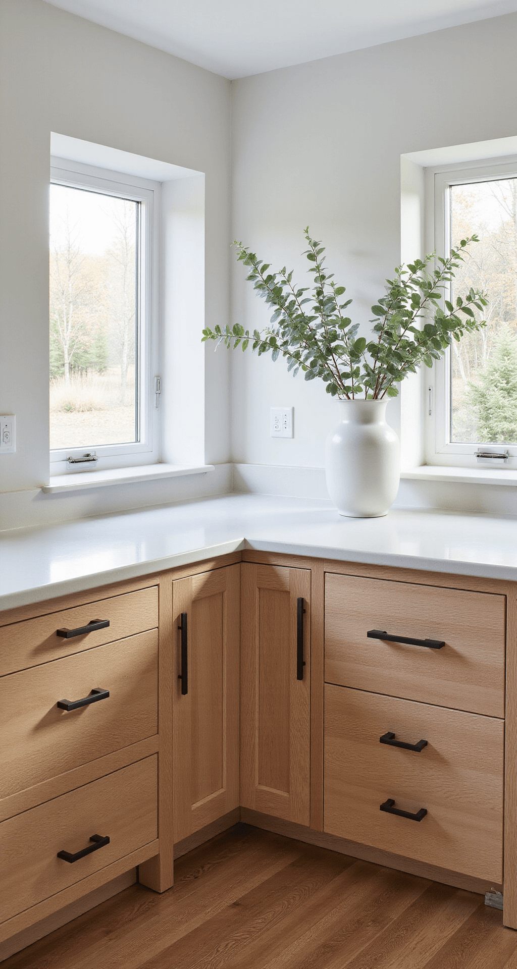 Honey Oak Kitchen Cabinets: Your Ultimate Modernization Guide Interior photograph of a modern kitchen featuring honey oak cabinets, white quartz countertops, and brushed steel appliances, illuminated by morning light from east-facing windows; the scene includes geometric matte black drawer pulls, under-cabinet LED lighting, and minimal decor with a white ceramic vase holding eucalyptus springs.