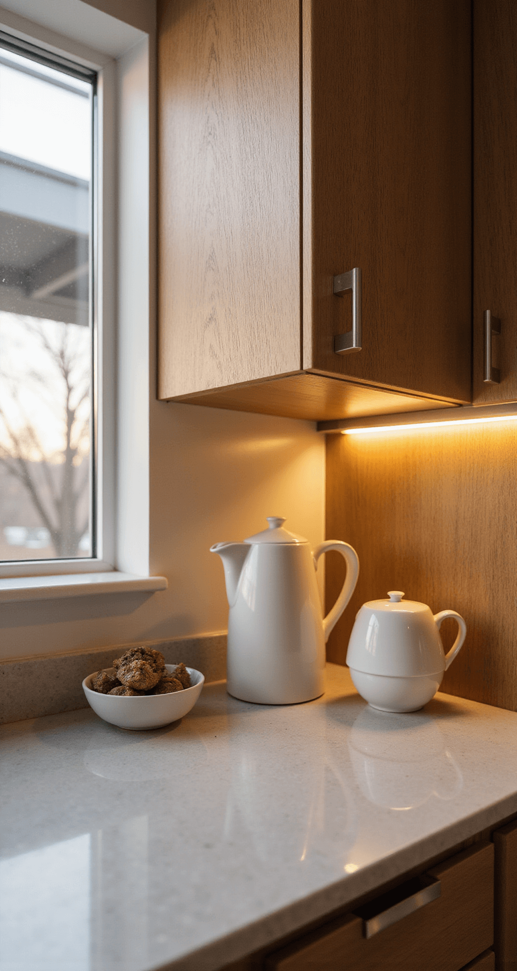 Honey Oak Kitchen Cabinets: Your Ultimate Modernization Guide Close-up of a modern honey oak cabinet with brushed nickel hardware, illuminated by golden hour light from skylights, showcasing a shallow depth of field. The scene includes white ceramics and metallic accents on a quartz countertop, enhanced by LED strip lighting.