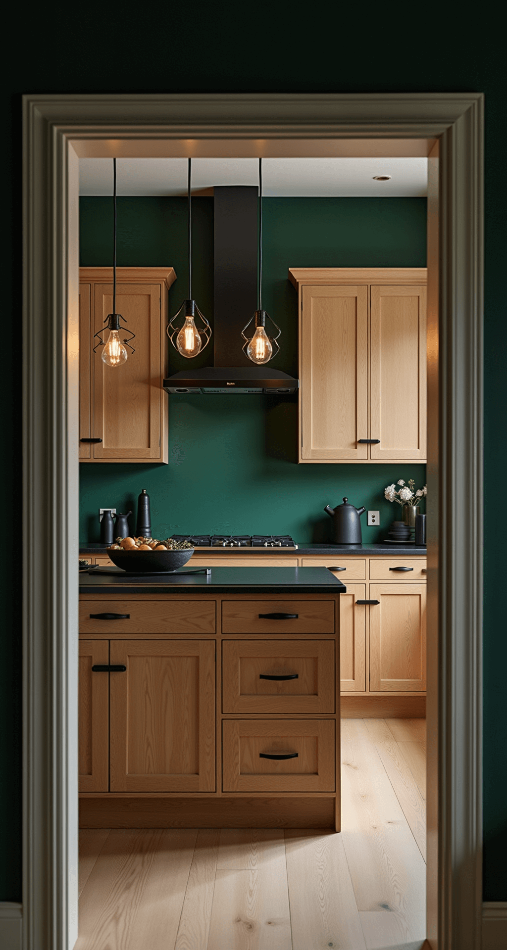 Honey Oak Kitchen Cabinets: Your Ultimate Modernization Guide Dramatic evening kitchen scene with honey oak cabinets and a forest green accent wall, featuring a modern black metal pendant light over a 6ft island, matte black geometric cabinet hardware, and minimal styling with black ceramics and brass accents, shot from the doorway to capture the room's depth.