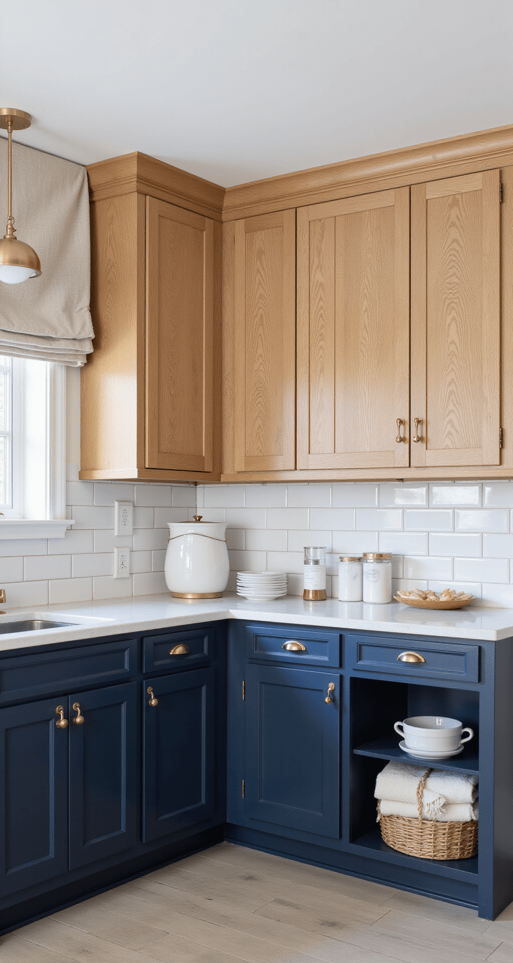 Honey Oak Kitchen Cabinets: Your Ultimate Modernization Guide Bright daylight kitchen with honey oak upper cabinets and deep navy lower cabinets, showcasing a 10ft ceiling with crown molding and modern globe pendant lights in brushed gold. White subway tile backsplash with dark grout complements the cabinetry. The image captures a corner angle view of the full cabinet elevation, styled with white ceramics and natural linen textiles, all in sharp focus.