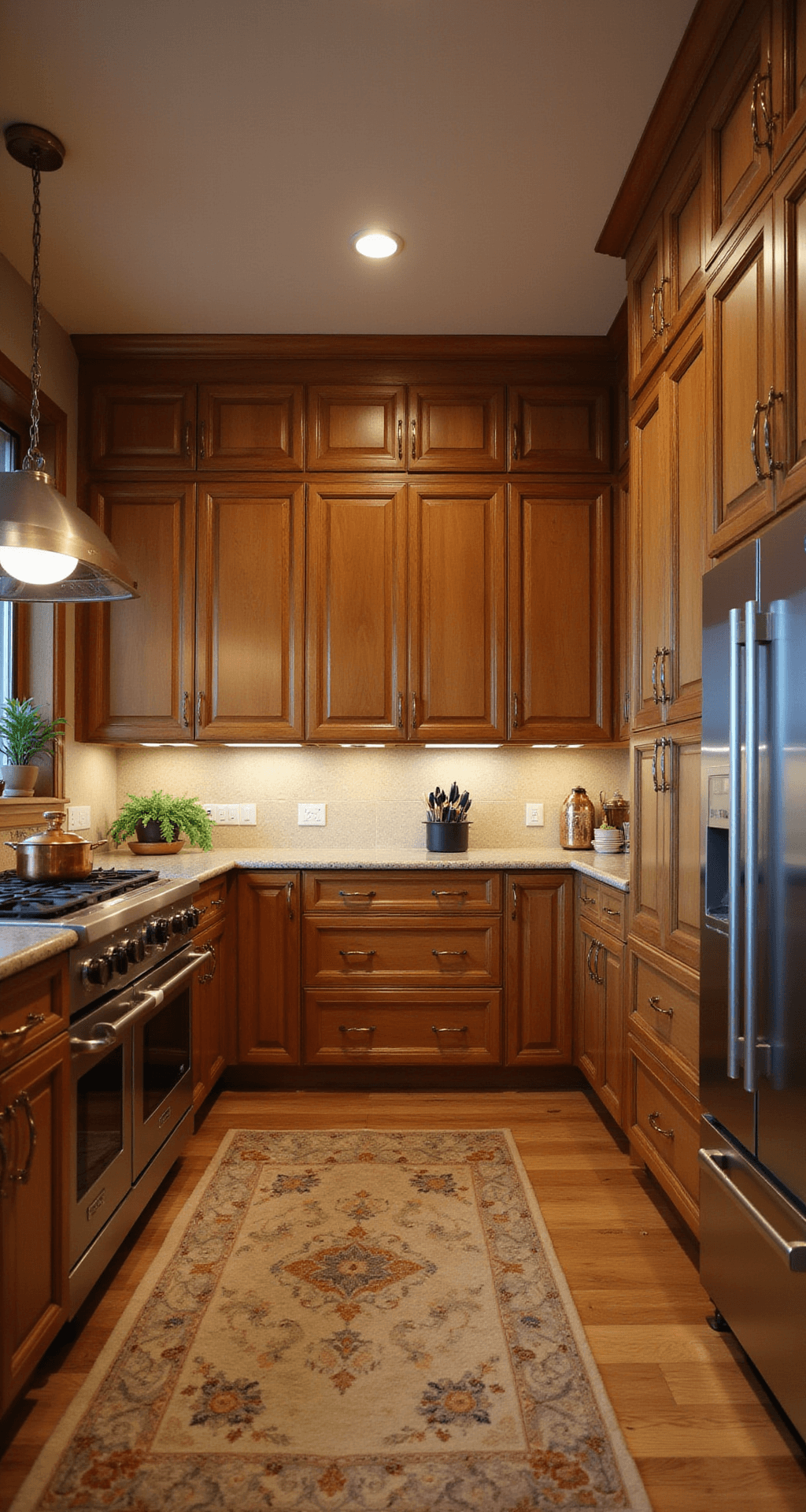 Honey Oak Kitchen Cabinets: Your Ultimate Modernization Guide An atmospheric evening kitchen with honey oak cabinets, mixed metallic accents, and overhead pendant lighting. A full wall of varying-height cabinets creates visual interest, featuring brushed gold hardware alongside stainless appliances. The scene includes copper cookware and natural elements, illuminated by a mix of task lights and ambient glow. Shot from the entrance, showcasing the entire room.