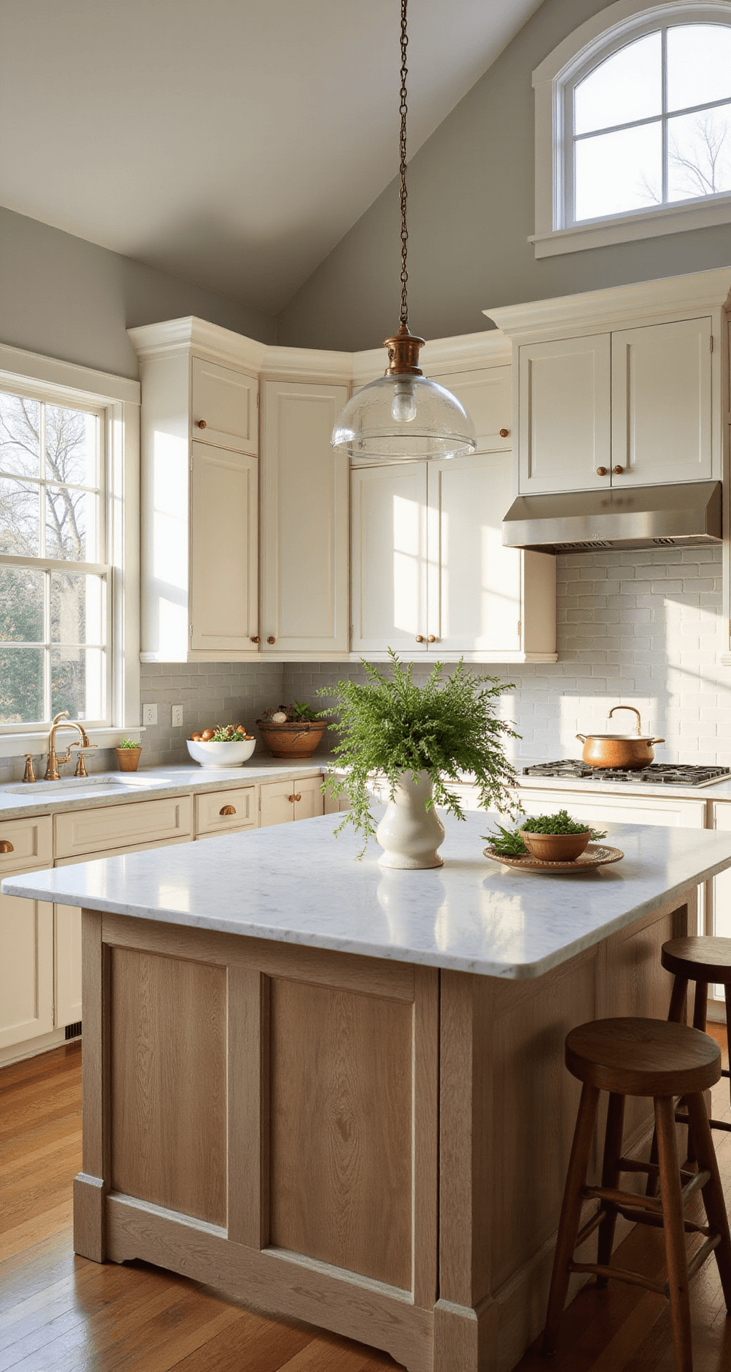 Cream Kitchen Cabinets: Warmth Meets Modern Elegance Bright, airy kitchen featuring cream cabinets and Calacatta marble countertops, captured at golden hour with natural light highlighting brass fixtures and a weathered oak island, styled with copper cookware and terracotta pots of herbs.