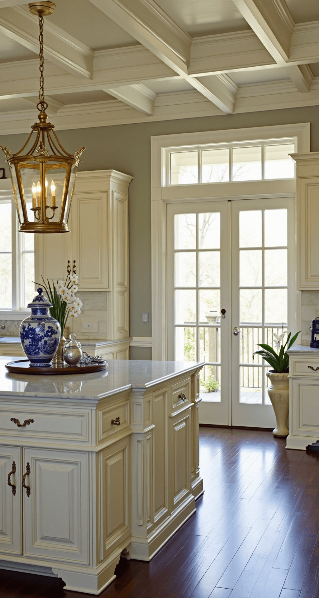 Cream Kitchen Cabinets: Warmth Meets Modern Elegance Elegant traditional kitchen featuring coffered ceiling details, cream raised-panel cabinets, and antique brass lanterns over a marble-topped island. Late afternoon light streams through French doors, highlighting architectural millwork and decorative accents, including blue-and-white chinoiserie and potted orchids. Warm cream and soft white colors blend with aged brass and navy accents, enhanced by dramatic side lighting.