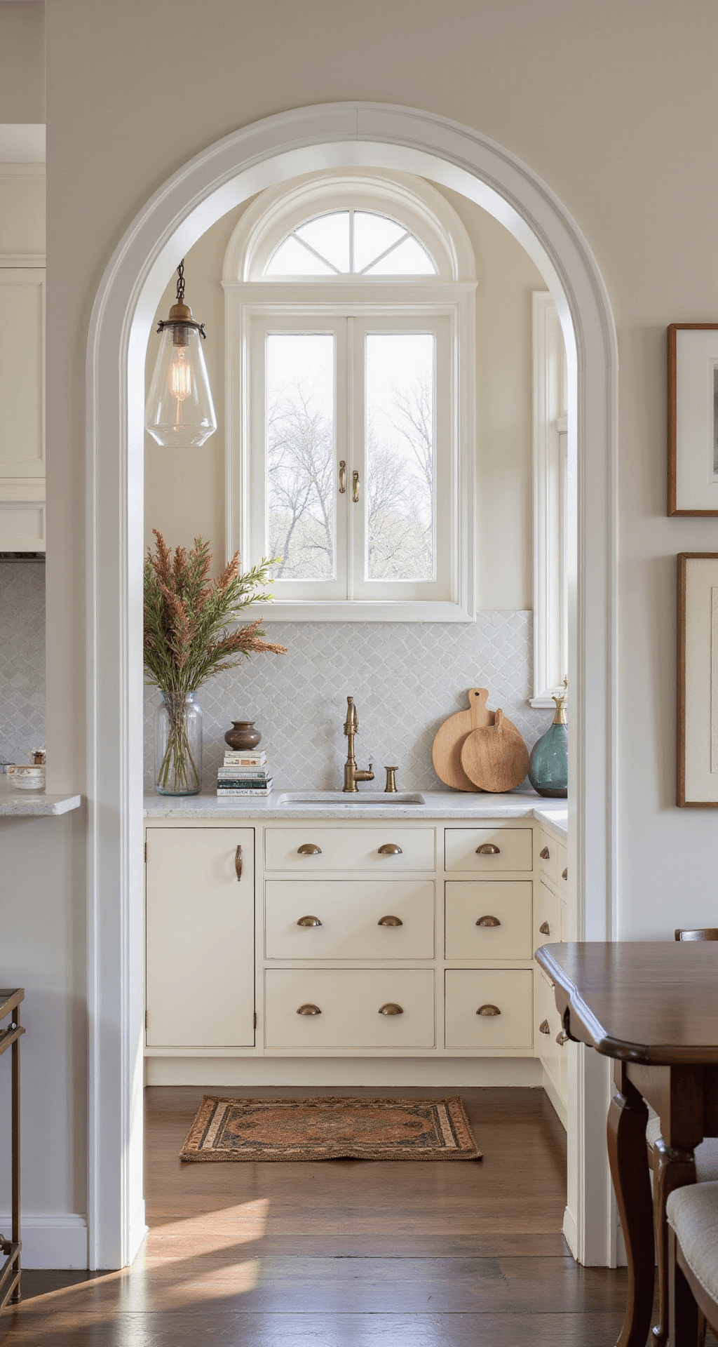 Cream Kitchen Cabinets: Warmth Meets Modern Elegance Transitional open-concept kitchen featuring cream cabinets with mixed brass and nickel hardware, herringbone tile backsplash, and a breakfast nook. The space is illuminated by dawn light and includes decorative elements like geometric vases and vintage cutting boards, all set in a muted color palette of creams and earth tones.