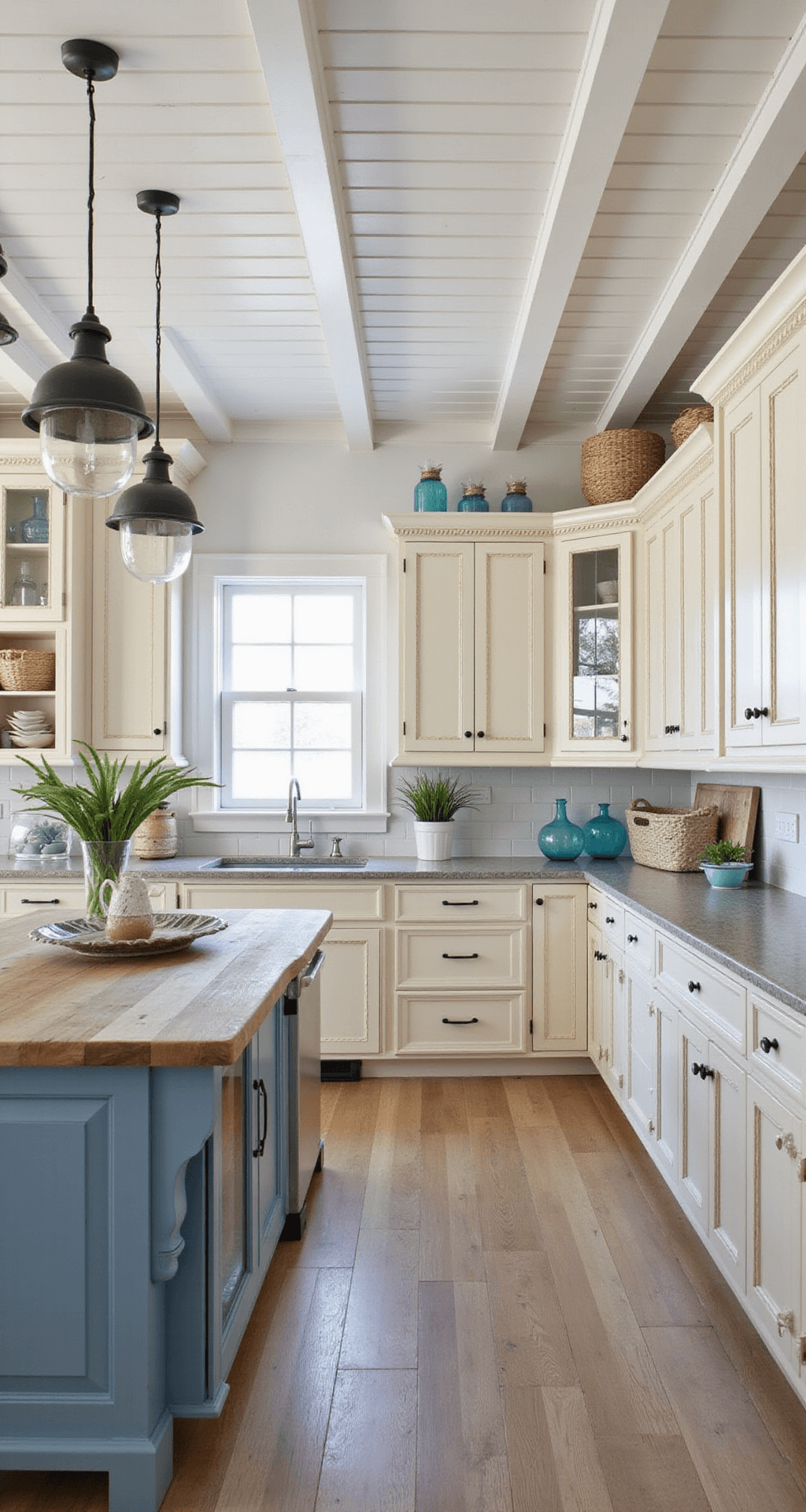 Cream Kitchen Cabinets: Warmth Meets Modern Elegance A high-angle shot of a coastal-inspired kitchen featuring cream cabinets with rope detail molding, a blue-gray island with a driftwood top, and white-washed ceiling beams, all illuminated by bright midday seaside light. The decor includes seagrass baskets, blue glassware, and shell collections, showcasing a blend of painted wood, natural fibers, and weathered textures in colors of cream, coastal blue, sandy beige, and whitewashed tones.