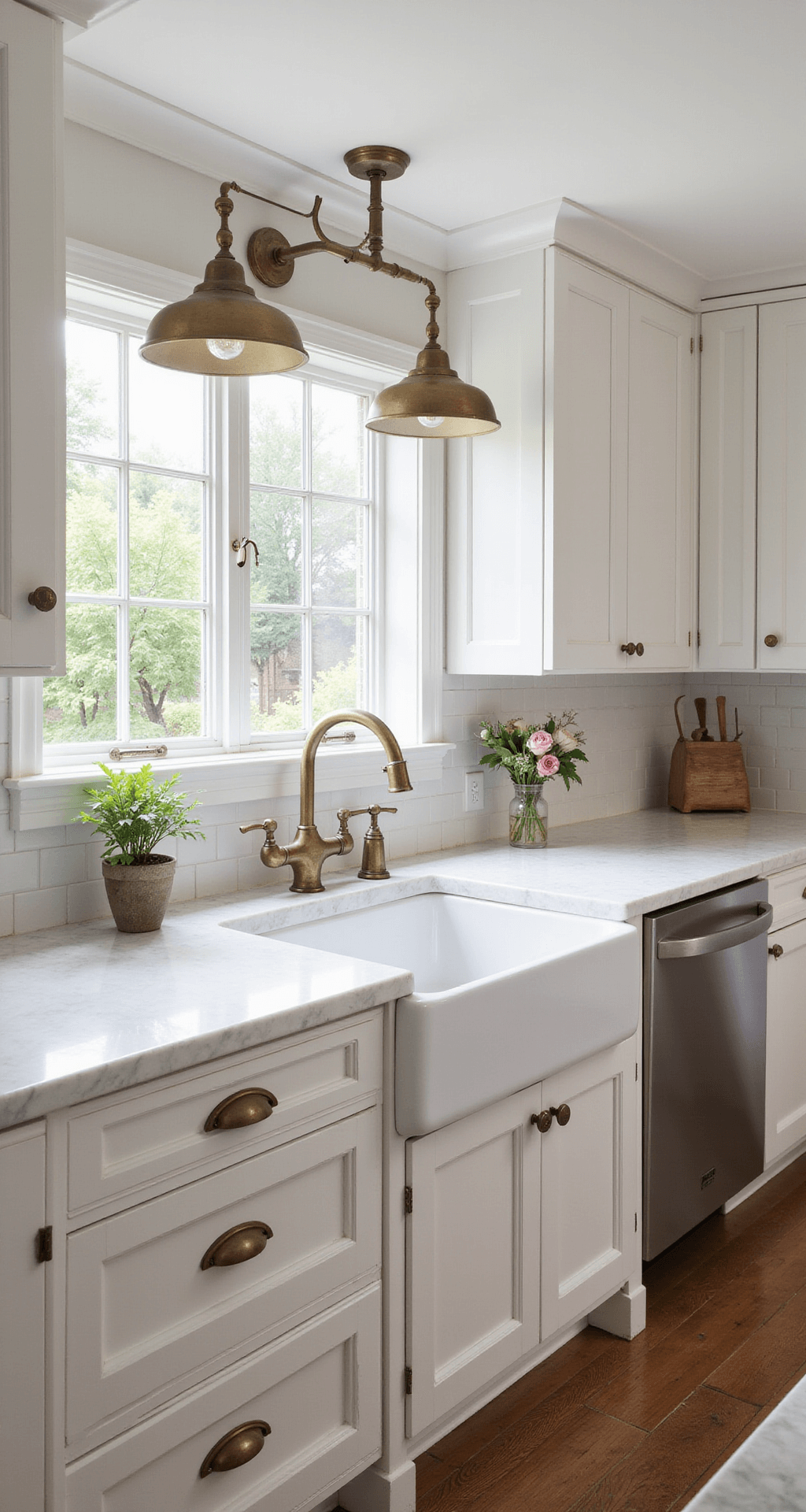 Antique White Kitchen Cabinets: Timeless Elegance for Your Culinary Space A sunlit farmhouse kitchen featuring antique white Shaker cabinets, Carrara marble countertops, a ceramic farmhouse sink, and aged brass pendant lights, capturing warm hardwood floors and details in soft natural lighting.
