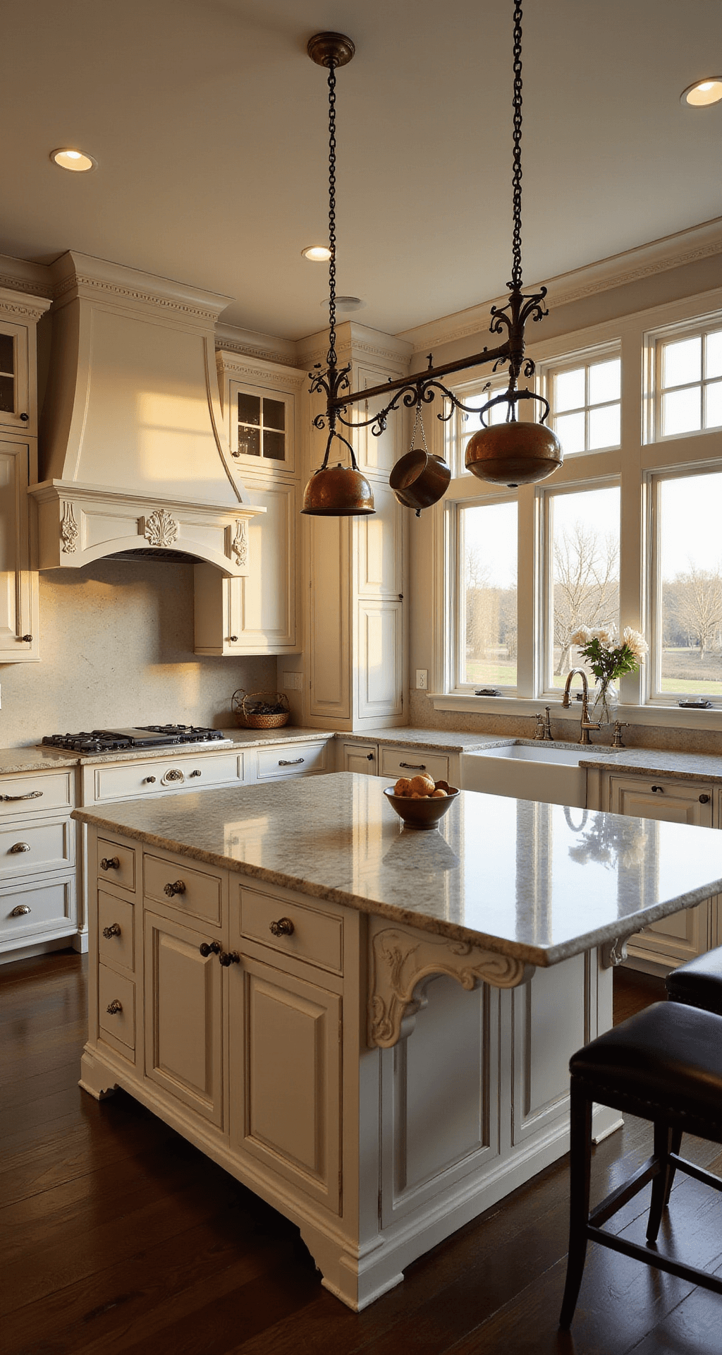 Antique White Kitchen Cabinets: Timeless Elegance for Your Culinary Space A wide shot of a traditional kitchen featuring antique white raised-panel cabinets with ornate crown molding, a central island with carved corbels and a quartzite countertop, dark espresso hardwood floors, and copper pots hanging from a ceiling-mounted rack, all illuminated by warm golden hour light.