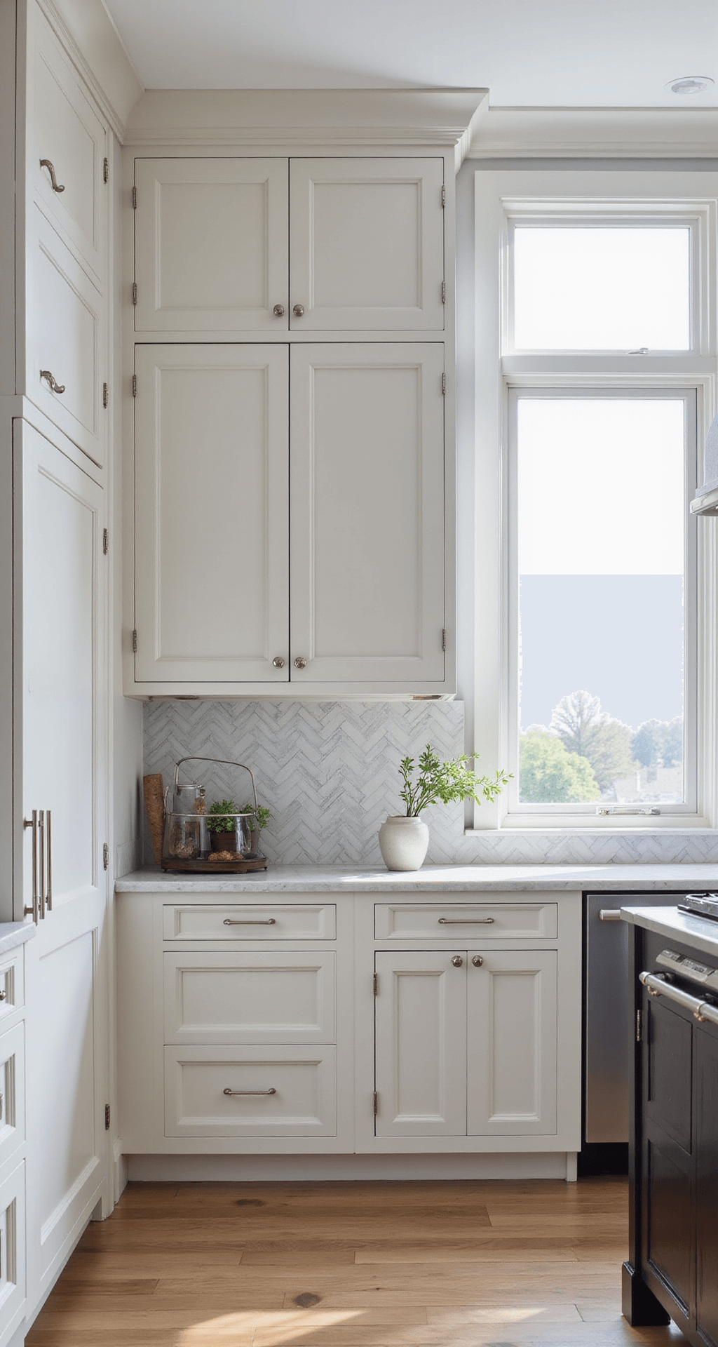Antique White Kitchen Cabinets: Timeless Elegance for Your Culinary Space Corner view of an elegant transitional kitchen featuring antique white Shaker cabinets, polished nickel hardware, a Wolf range, and a full-height herringbone marble backsplash, illuminated by natural light from a large window.