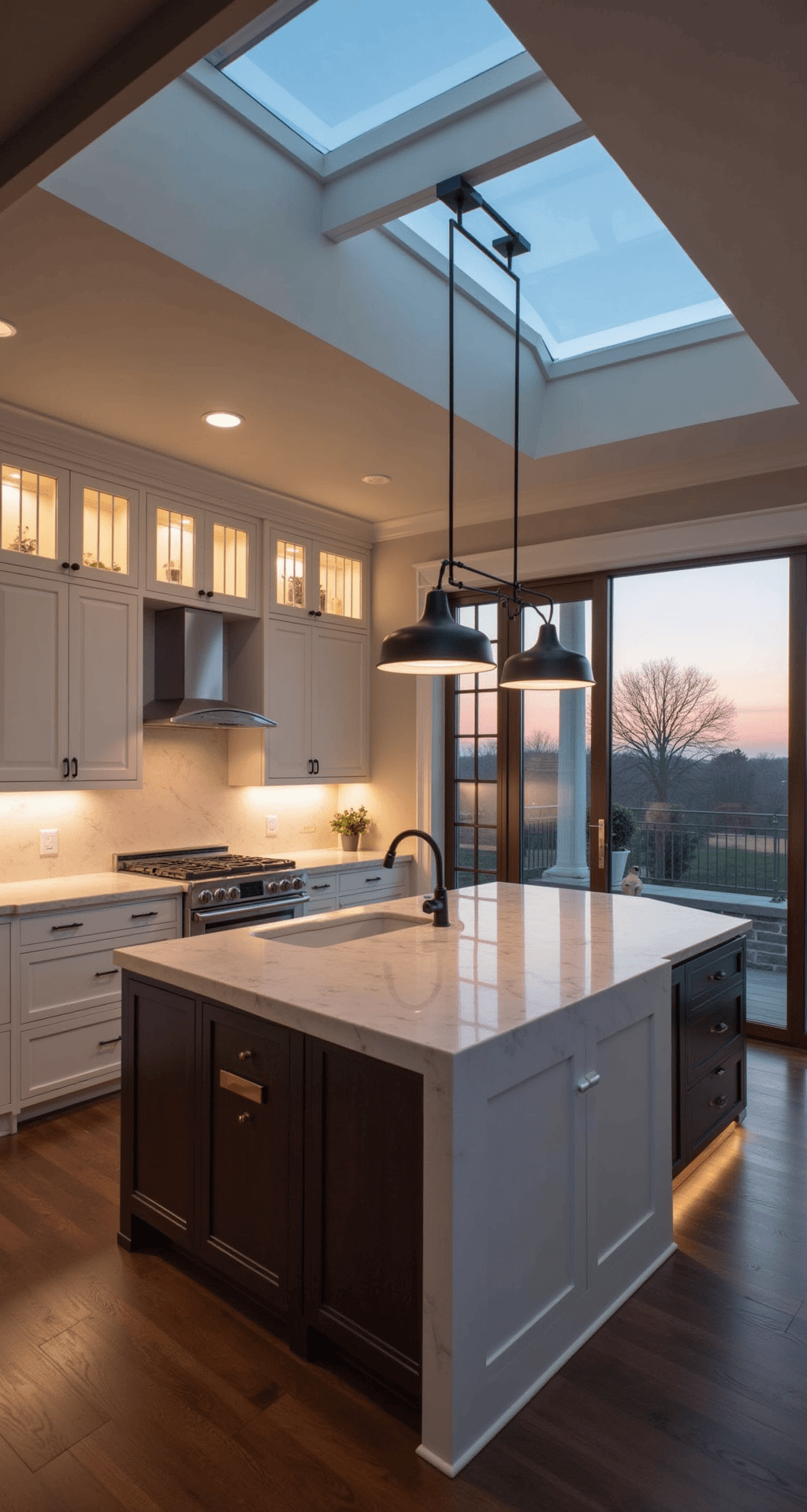 Antique White Kitchen Cabinets: Timeless Elegance for Your Culinary Space A dramatic dusk view of a modern-classic kitchen featuring antique white inset cabinets with illuminated glass doors, matte black hardware, and a waterfall quartz island. The space boasts wide plank dark walnut floors and is captured from an elevated position, reflecting the sunset through skylights while mood lighting highlights cabinet profiles.