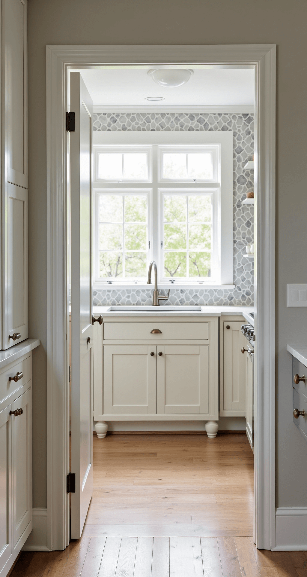 Antique White Kitchen Cabinets: Timeless Elegance for Your Culinary Space Interior view of an open concept kitchen in morning light, featuring antique white cabinets, mixed metal fixtures, a marble hexagon backsplash, and a white oak island with turned legs, captured through a doorway to highlight spatial flow.