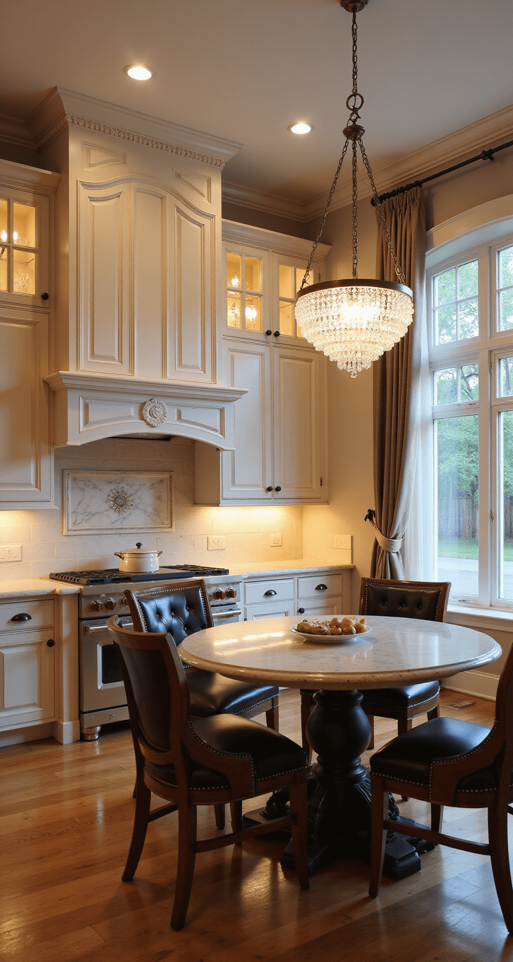 Antique White Kitchen Cabinets: Timeless Elegance for Your Culinary Space Elegant kitchen featuring antique white cabinets with glass display cases, custom carved range hood, Calacatta gold marble counters, honey oak parquet floors, and a crystal chandelier, captured at twilight from a low angle to emphasize the ceiling height.