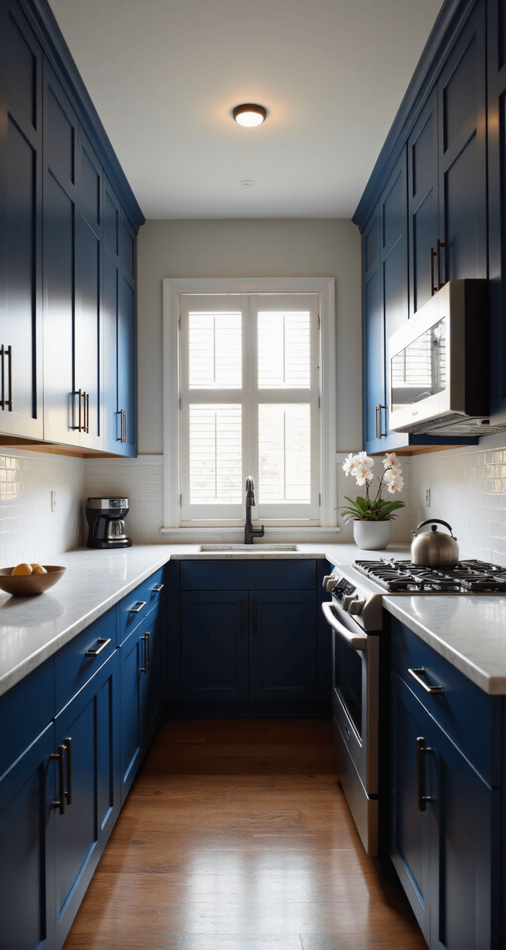 Dark Blue Kitchen Cabinets: The Ultimate Design Statement for Modern Homes A cozy galley kitchen featuring midnight blue high-gloss cabinets, stainless steel appliances reflecting warm light, a white subway tile backsplash, and cool marble countertops, styled with minimalist decor including an orchid and a geometric fruit bowl.