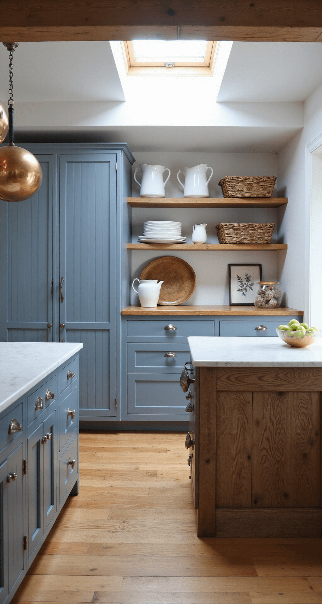 Dark Blue Kitchen Cabinets: The Ultimate Design Statement for Modern Homes A farmhouse-style kitchen at mid-morning featuring smoky blue beadboard cabinets with vintage glass knobs, a weathered oak island with a white marble top, and wide-plank pine floors. Natural light from a skylight highlights rustic ceiling beams and cabinet details, with copper pots hanging from a ceiling rack. Open shelving displays white ceramic pitchers, woven baskets, and botanical prints, with soft shadows enhancing the cabinet texture.