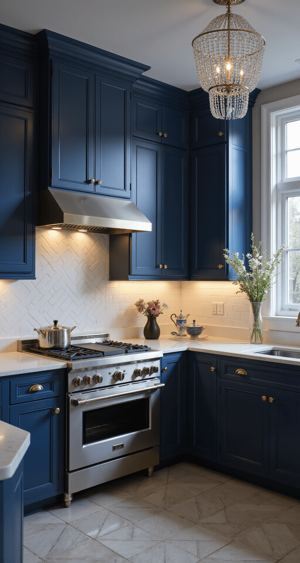 Dark Blue Kitchen Cabinets: The Ultimate Design Statement for Modern Homes A corner kitchen at dusk featuring navy and lighter blue raised-panel cabinets, a crystal chandelier casting shadows on a herringbone marble backsplash, and a professional-grade stainless range with brass trim. The shot from above highlights geometric floor patterns and under-cabinet lighting that emits a warm glow, with the space styled with silver tea service, blue-and-white chinoiserie, and fresh flowers in a crystal vase.