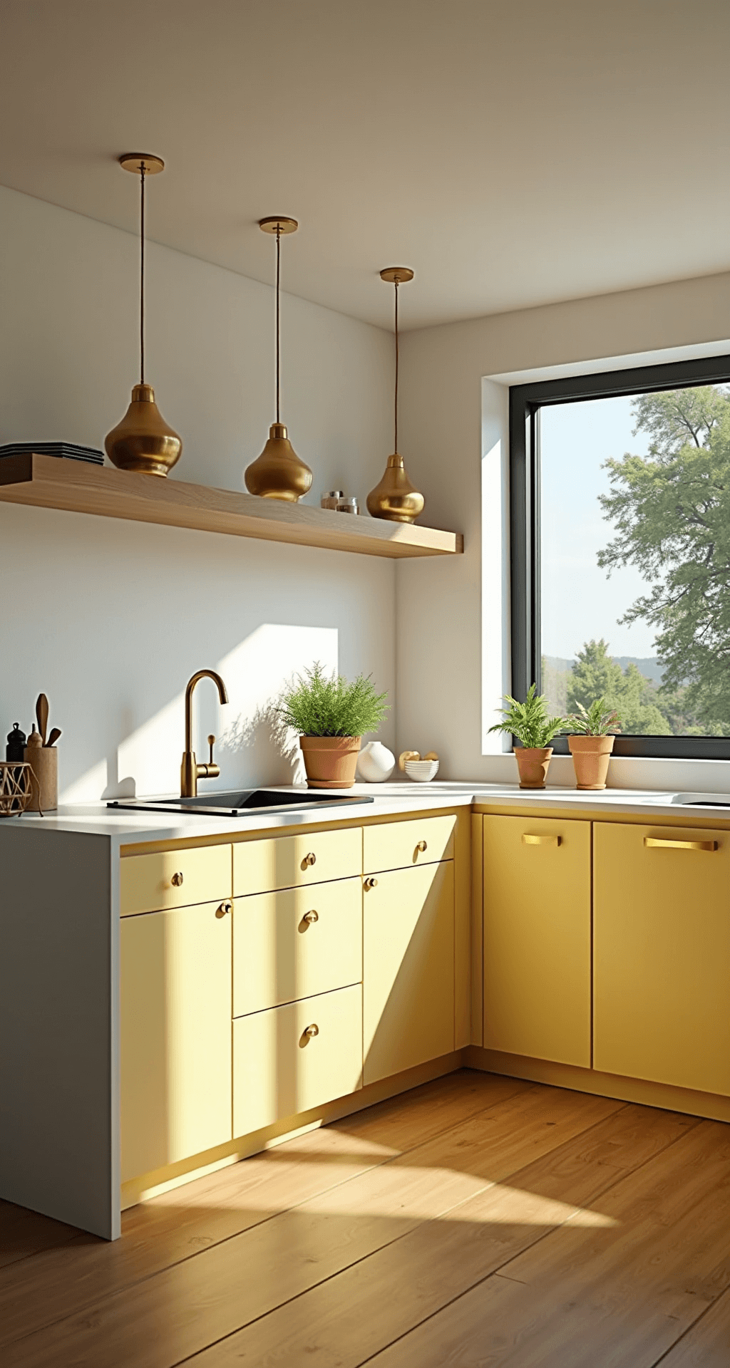 Yellow Kitchen Cabinets: Transform Your Space with Sunshine-Inspired Design A contemporary butter yellow kitchen at golden hour, featuring flat-panel cabinets, white quartz countertops, brass pendant lights, and white oak flooring. Natural light casts shadows across the space, adorned with artisanal ceramics and fresh herbs in copper planters.