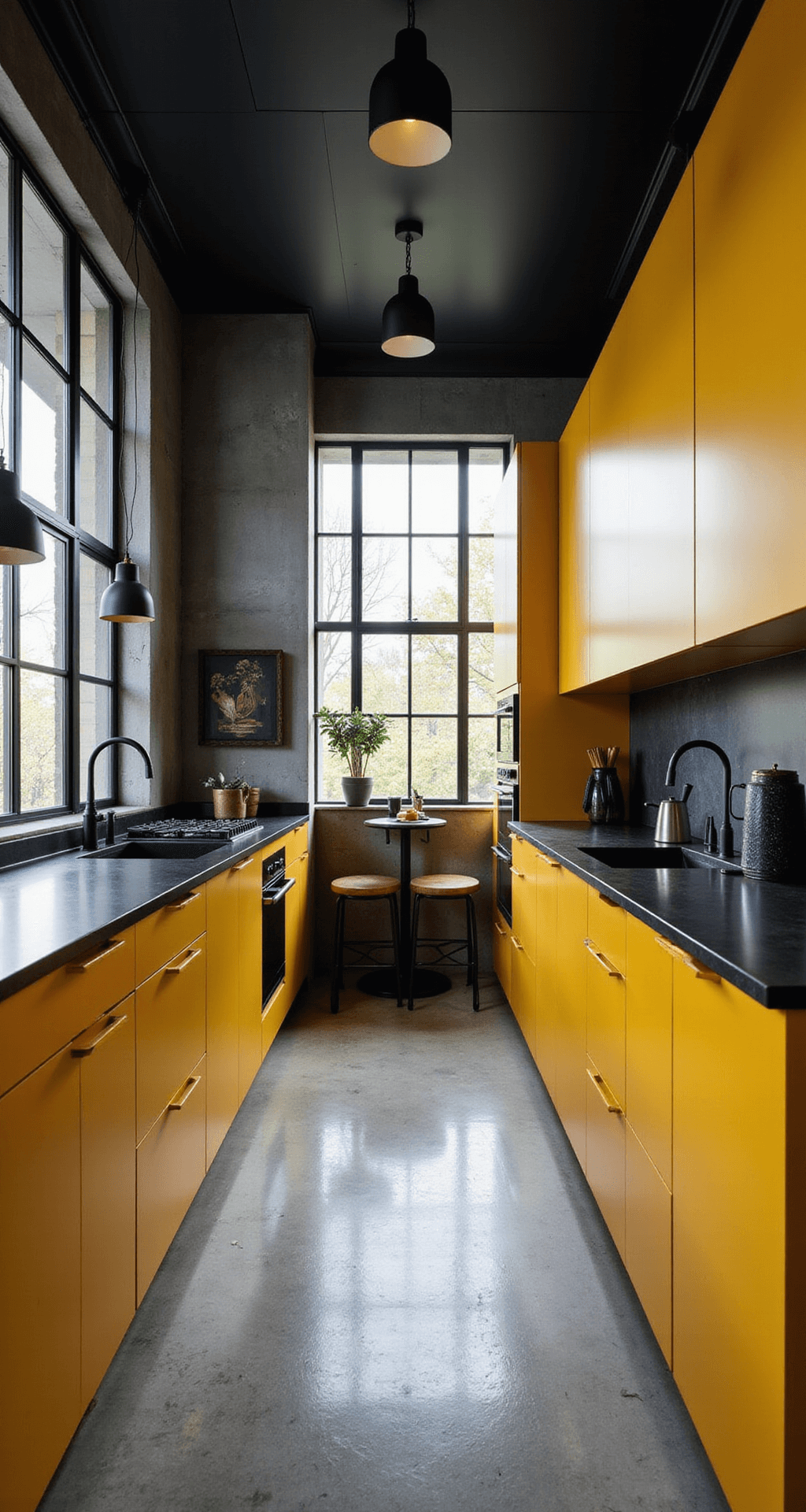 Yellow Kitchen Cabinets: Transform Your Space with Sunshine-Inspired Design Dramatic galley kitchen with marigold yellow handleless cabinets, matte black countertops, and exposed concrete floors, featuring morning light through industrial grid windows and black pendant lights, styled with geometric accessories and minimalist art.