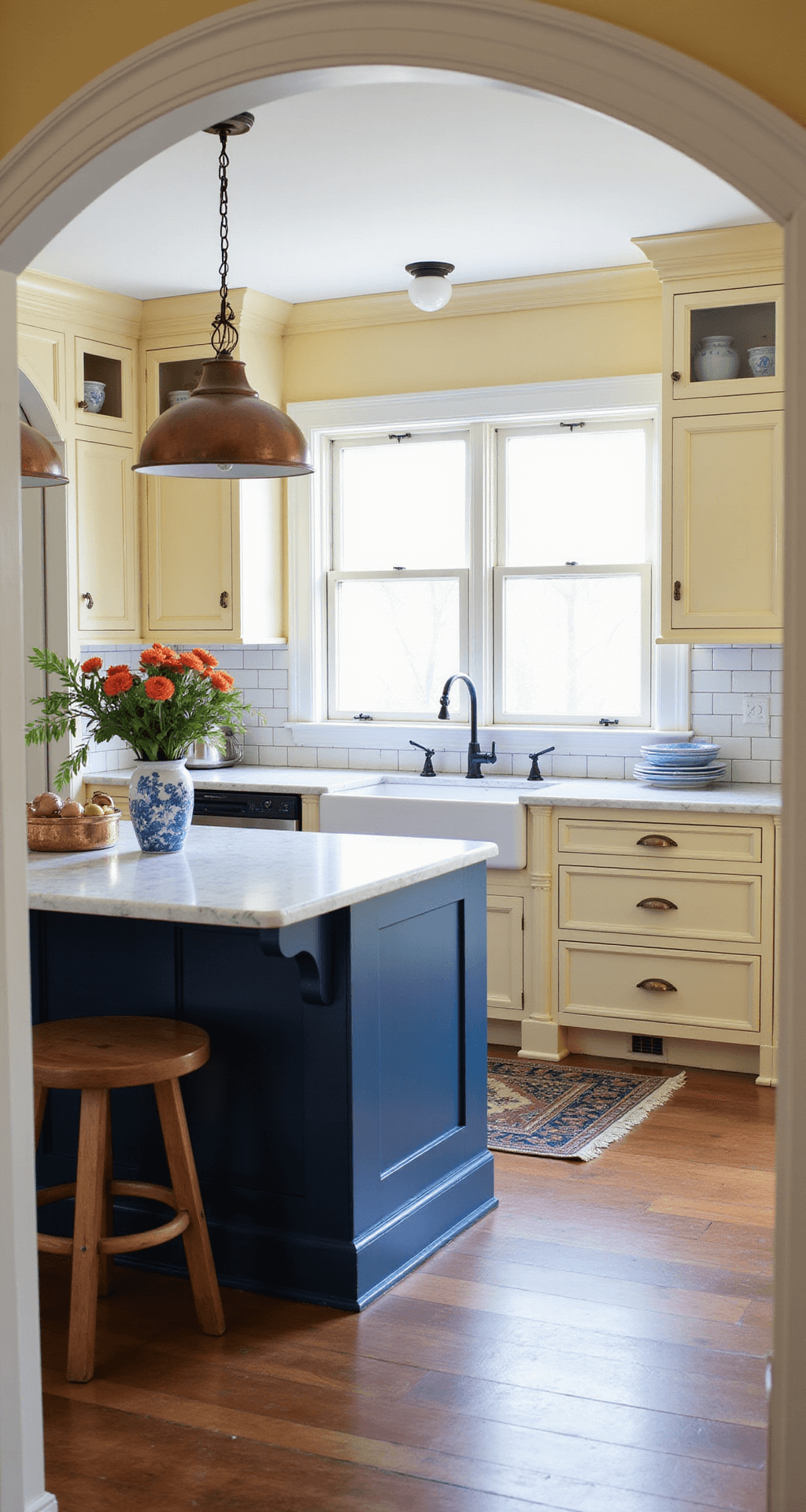 Yellow Kitchen Cabinets: Transform Your Space with Sunshine-Inspired Design A Victorian-style kitchen featuring soft yellow Shaker cabinets, a navy blue island, marble countertops, and a subway tile backsplash. The room is illuminated by afternoon light through bay windows, showcasing vintage-style pendant lighting. Decor includes copper cookware, blue-and-white chinaware, and fresh flowers, set in a warm color palette of buttercream yellow, navy blue, classic white, and aged copper. The view is from the entrance archway.