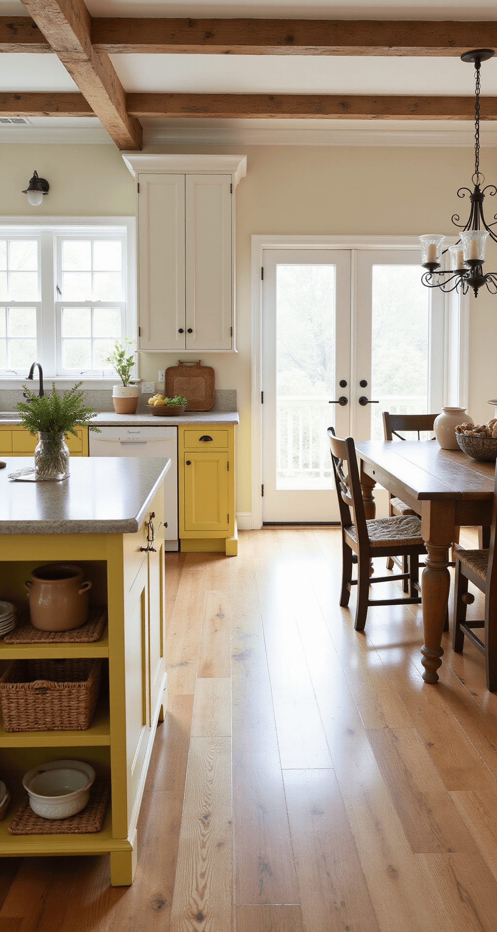 Yellow Kitchen Cabinets: Transform Your Space with Sunshine-Inspired Design A spacious country kitchen featuring creamy yellow lower cabinets and white upper cabinets, with exposed beams, wide plank pine floors, and a vintage chandelier. Natural light streams through French doors, highlighting woven baskets, earthenware crocks, and dried herbs in a rustic yet refined setting.