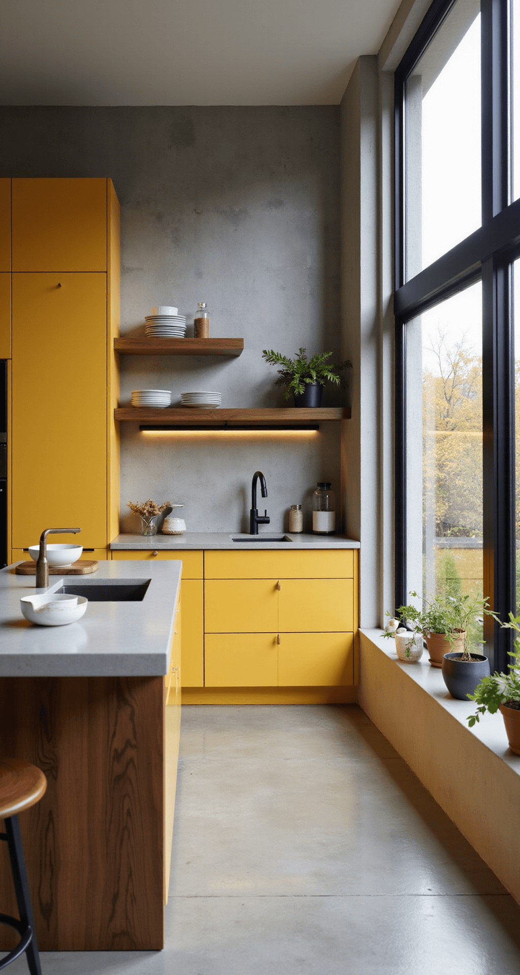 Yellow Kitchen Cabinets: Transform Your Space with Sunshine-Inspired Design A contemporary open-concept kitchen featuring mustard yellow tall cabinets surrounding a walnut wood island, with concrete countertops and floor-to-ceiling windows providing natural light. LED strip lighting enhances the ambiance, complemented by minimalist ceramics, sleek appliances, and potted plants in a warm gray color palette.