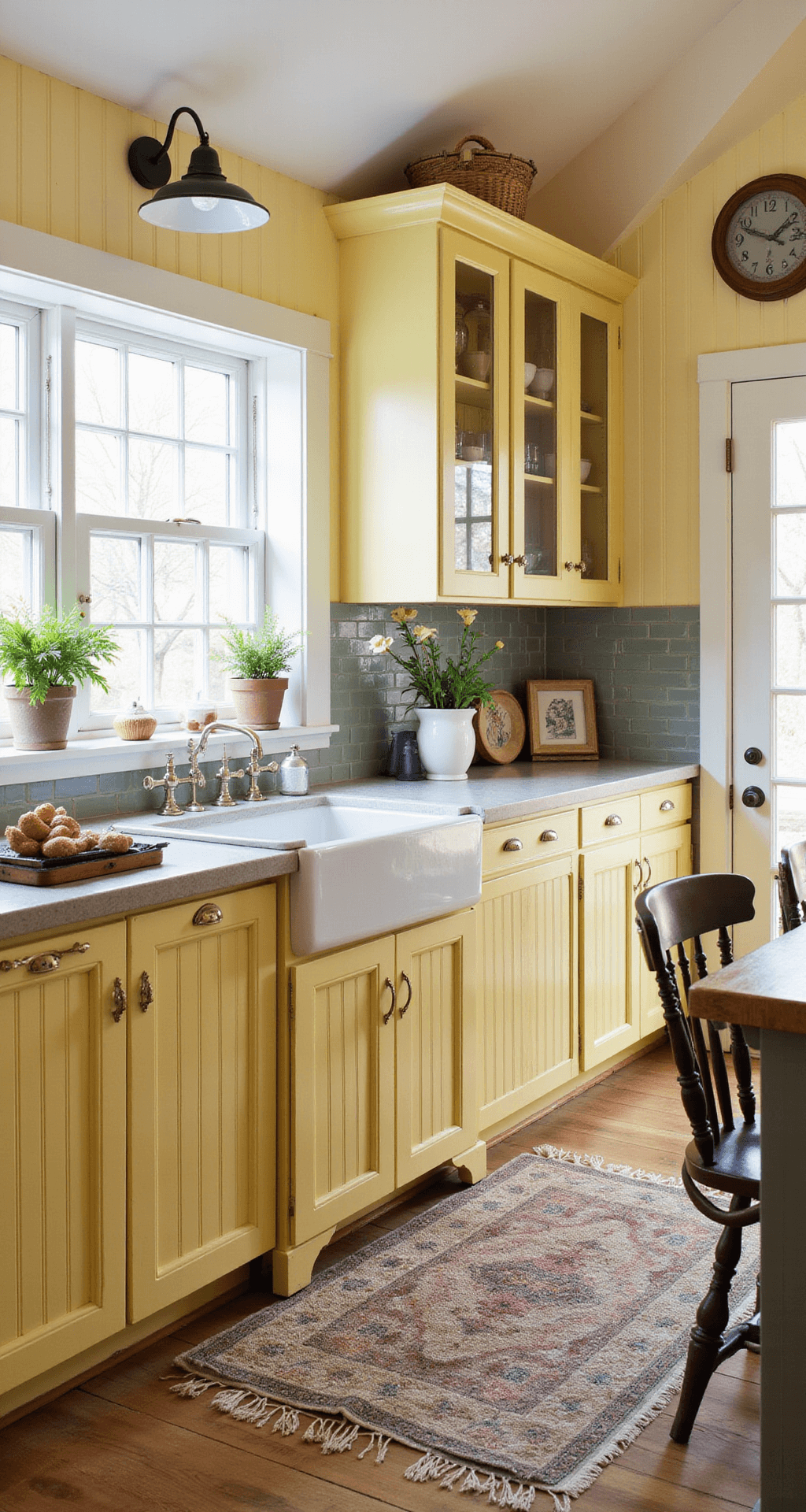 Yellow Kitchen Cabinets: Transform Your Space with Sunshine-Inspired Design Cozy cottage kitchen with soft yellow beadboard cabinets and soapstone counters, illuminated by morning light through mullioned windows, featuring an inviting arrangement of ironstone and fresh flowers.