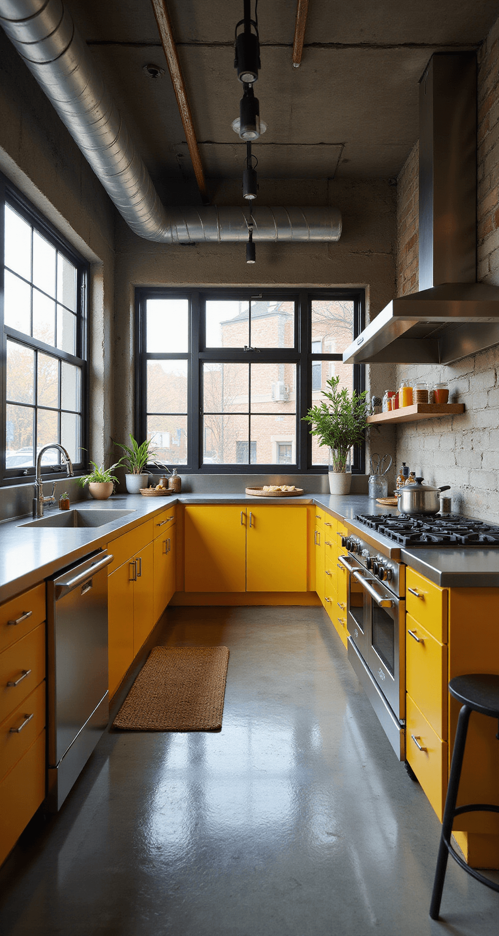 Yellow Kitchen Cabinets: Transform Your Space with Sunshine-Inspired Design A bright yellow and metal industrial kitchen in a 13x15ft urban loft, featuring sunshine yellow metal cabinets with stainless steel accents, polished concrete floors, and dramatic evening light through warehouse windows. The elevated view showcases the efficient workflow, complemented by industrial track lighting, professional cookware, metal bar stools, and modern art. The color palette includes bright yellow, steel gray, and polished chrome, reflecting a raw industrial atmosphere.