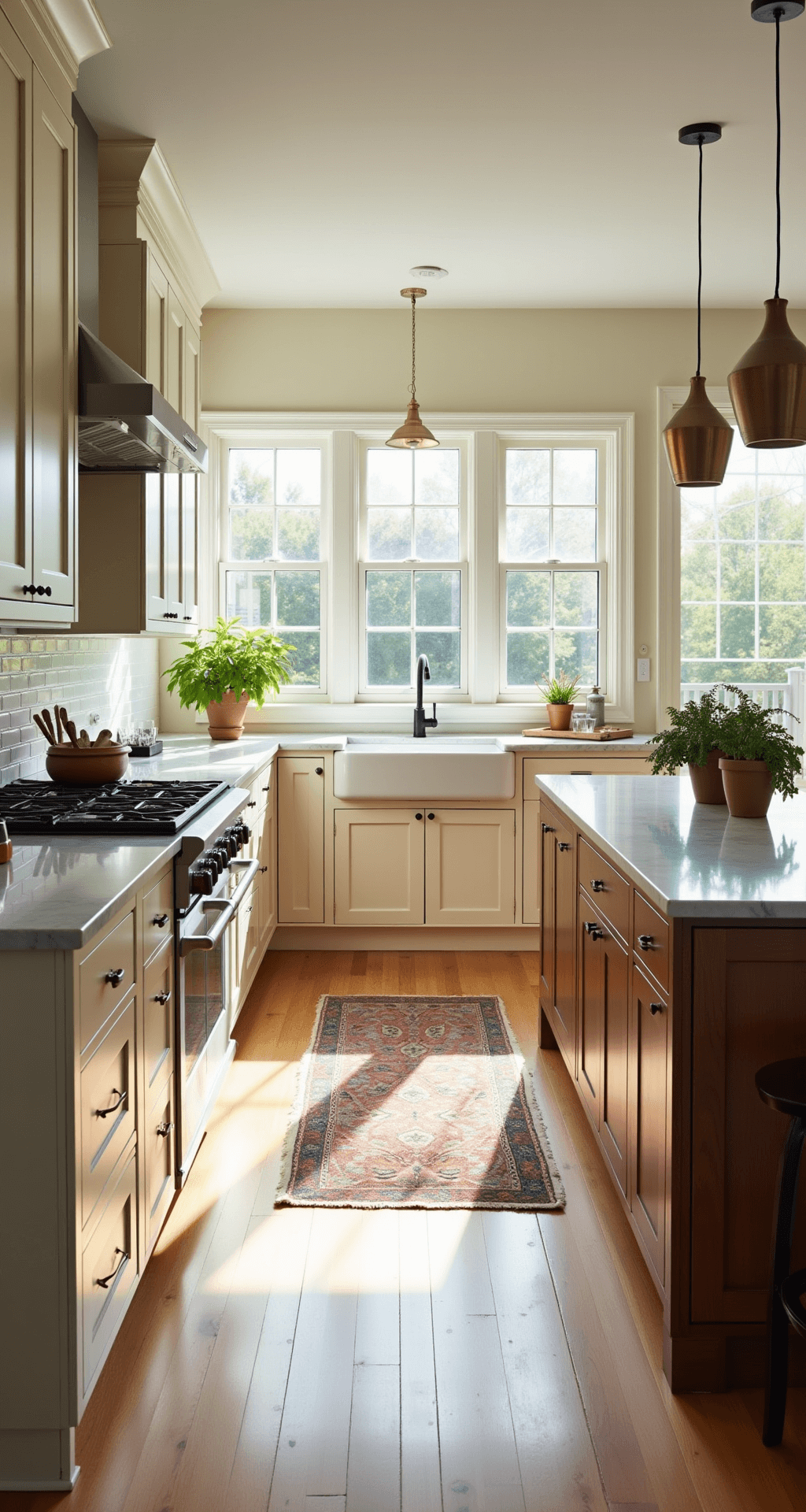 The Timeless Appeal of Cream Kitchen Cabinets: A Design Love Affair A spacious kitchen with cream shaker-style cabinets, Carrara marble countertops, and a large island, illuminated by morning sunlight through floor-to-ceiling windows. The natural oak floors, copper cookware, fresh herbs in terracotta pots, and a vintage rug in muted tones create a warm, inviting atmosphere.