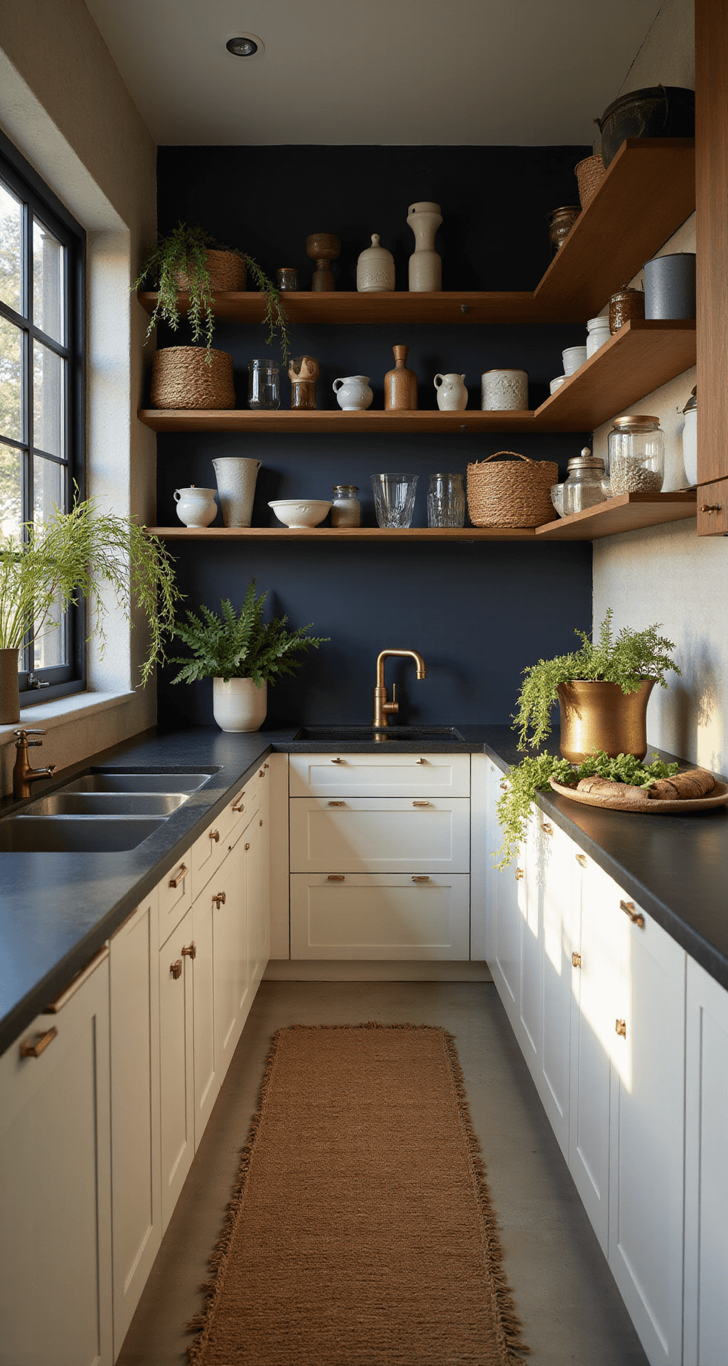 The Timeless Appeal of Cream Kitchen Cabinets: A Design Love Affair A cozy galley kitchen featuring cream flat-panel cabinets, matte black hardware, and soapstone counters, illuminated by warm golden hour light. Open shelving displays artisanal ceramics, while woven baskets and trailing plants add character. A dark navy accent wall enhances depth. The scene is captured at eye level with soft focus.