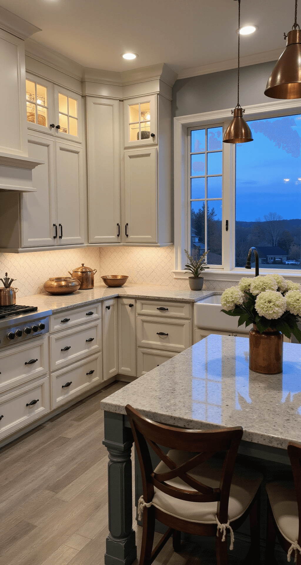 The Timeless Appeal of Cream Kitchen Cabinets: A Design Love Affair Aerial view of a transitional L-shaped kitchen featuring cream glass-front cabinets, quartzite counters, and a herringbone tile backsplash, styled with vintage copper pots and white hydrangeas, illuminated warmly during blue hour.