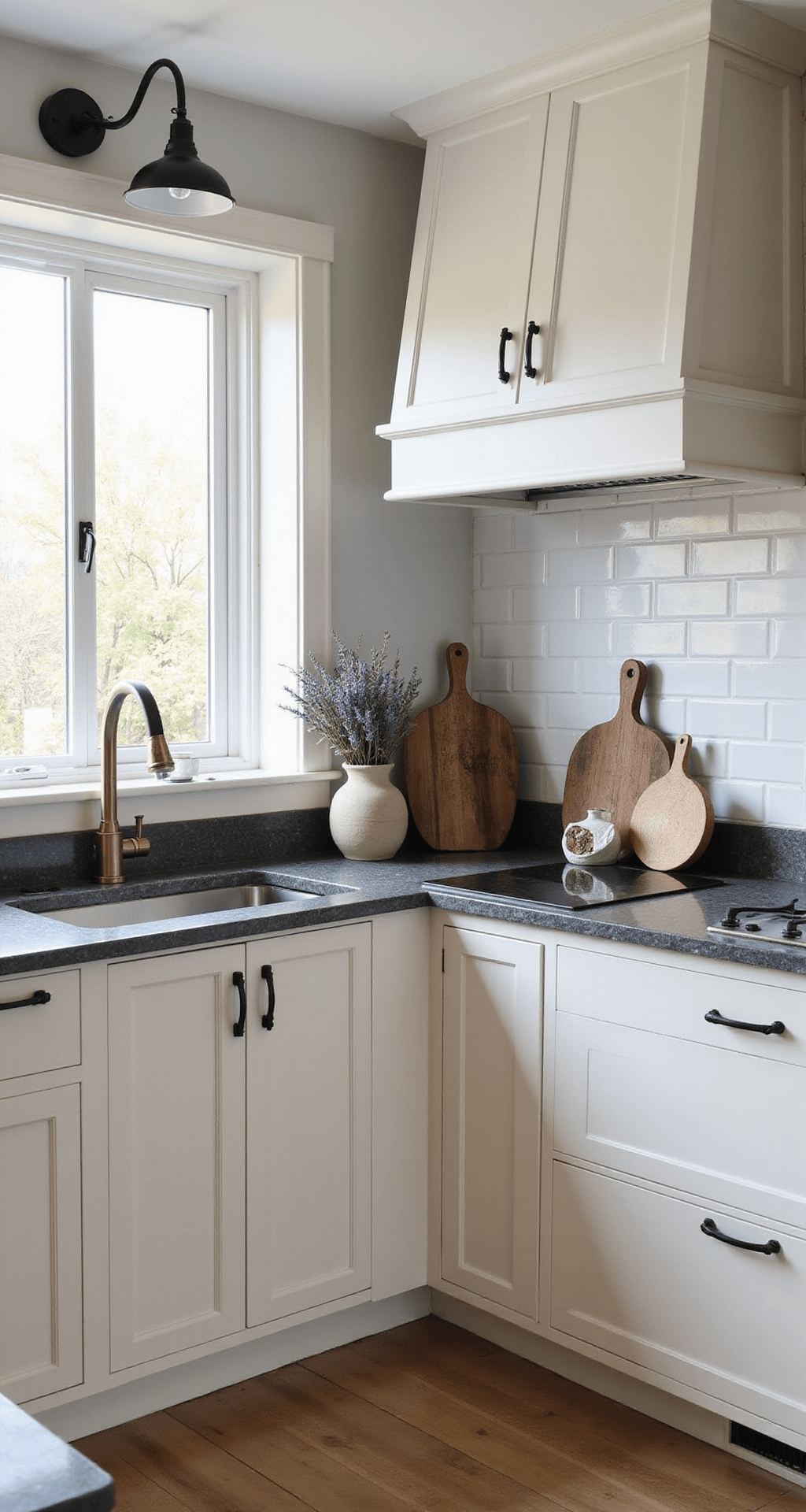The Timeless Appeal of Cream Kitchen Cabinets: A Design Love Affair Corner view of a modern farmhouse kitchen featuring cream raised-panel cabinets, charcoal honed granite, and a custom range hood, illuminated by mid-afternoon light and industrial black sconces, styled with bread boards, pottery, and dried lavender.