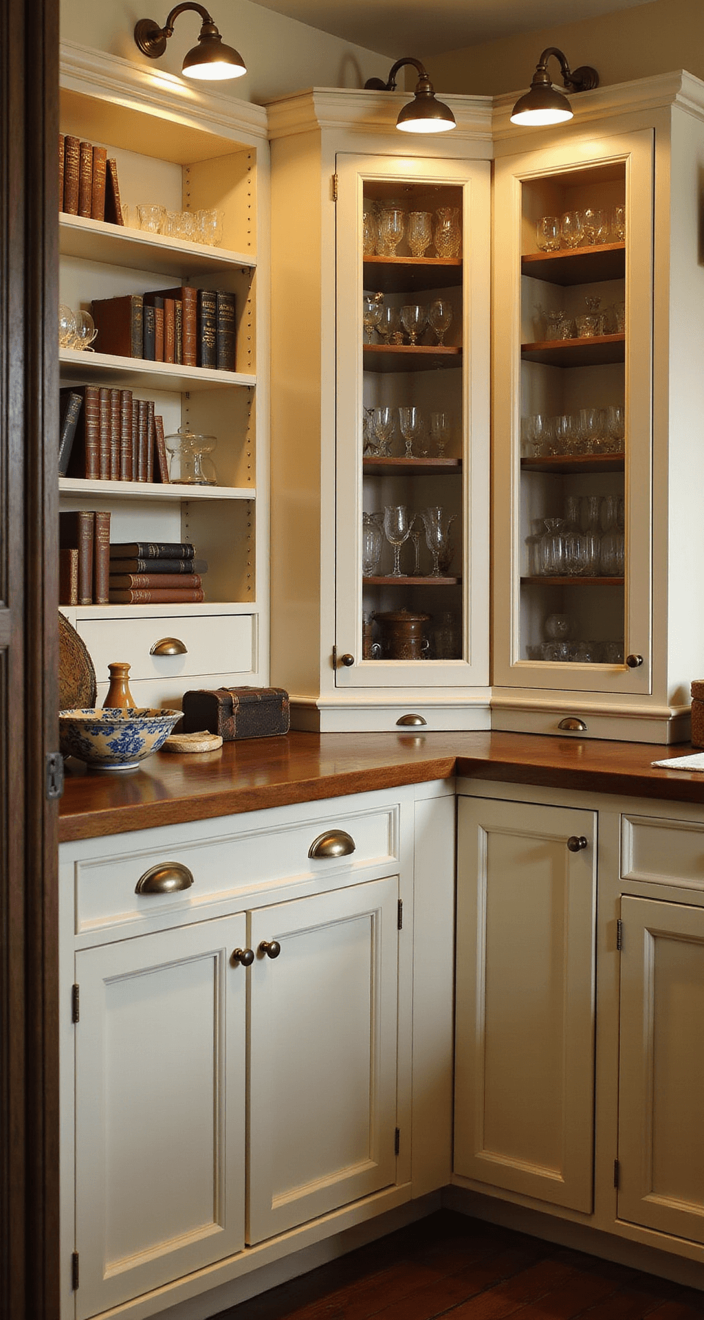 The Timeless Appeal of Cream Kitchen Cabinets: A Design Love Affair Detail shot of a butler's pantry featuring cream cabinets, antique brass lights, wine storage, glass display cases, vintage glassware, leather-bound books, and rich wooden countertops, captured in moody evening lighting.