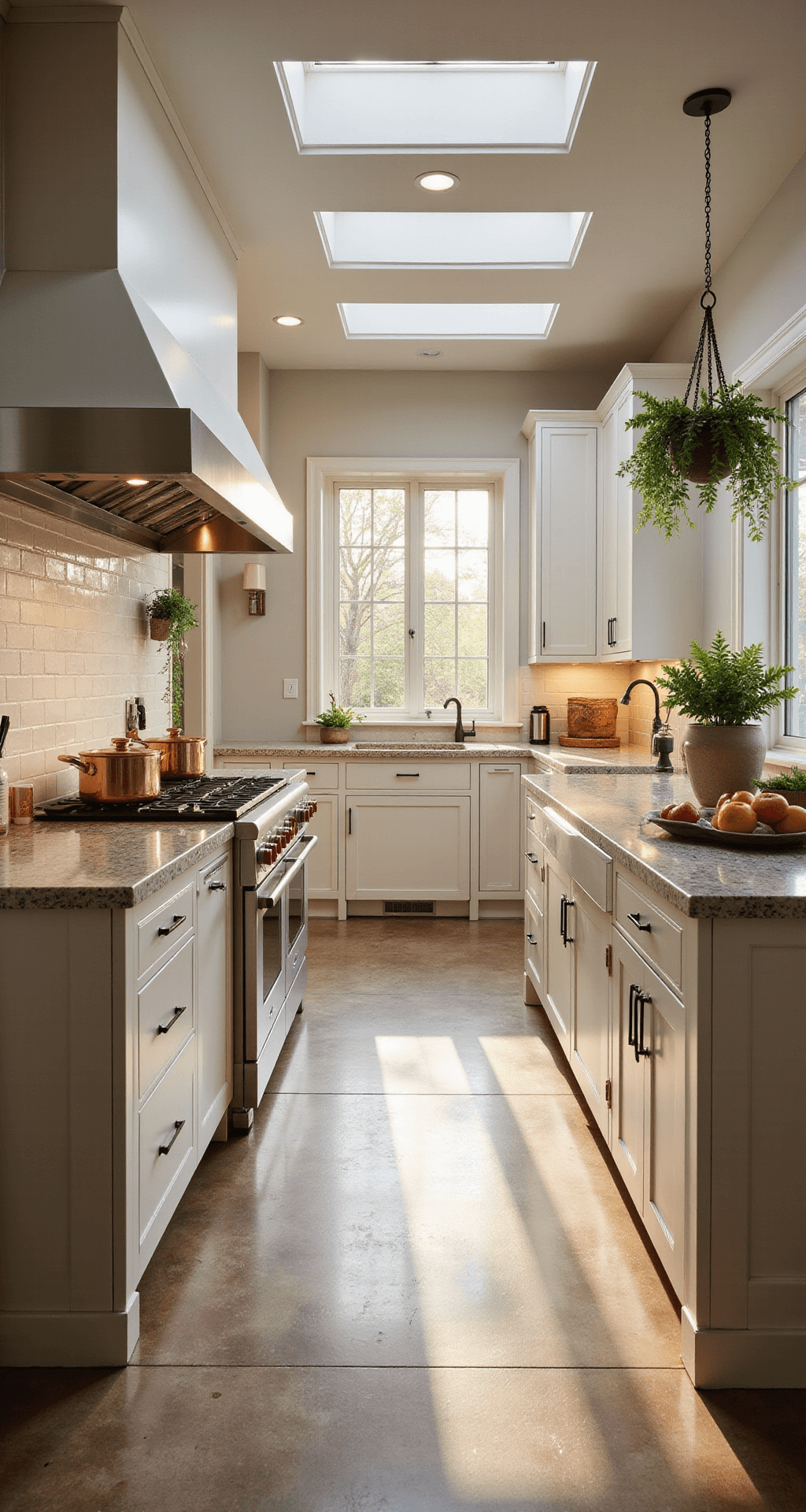 The Timeless Appeal of Cream Kitchen Cabinets: A Design Love Affair A wide-angle view of a spacious 20x24ft chef's kitchen at dawn, featuring cream cabinets with stainless steel accents, double islands with leathered granite, copper cookware, a professional range, and a hanging herb garden, illuminated by soft morning light filtering through skylights.