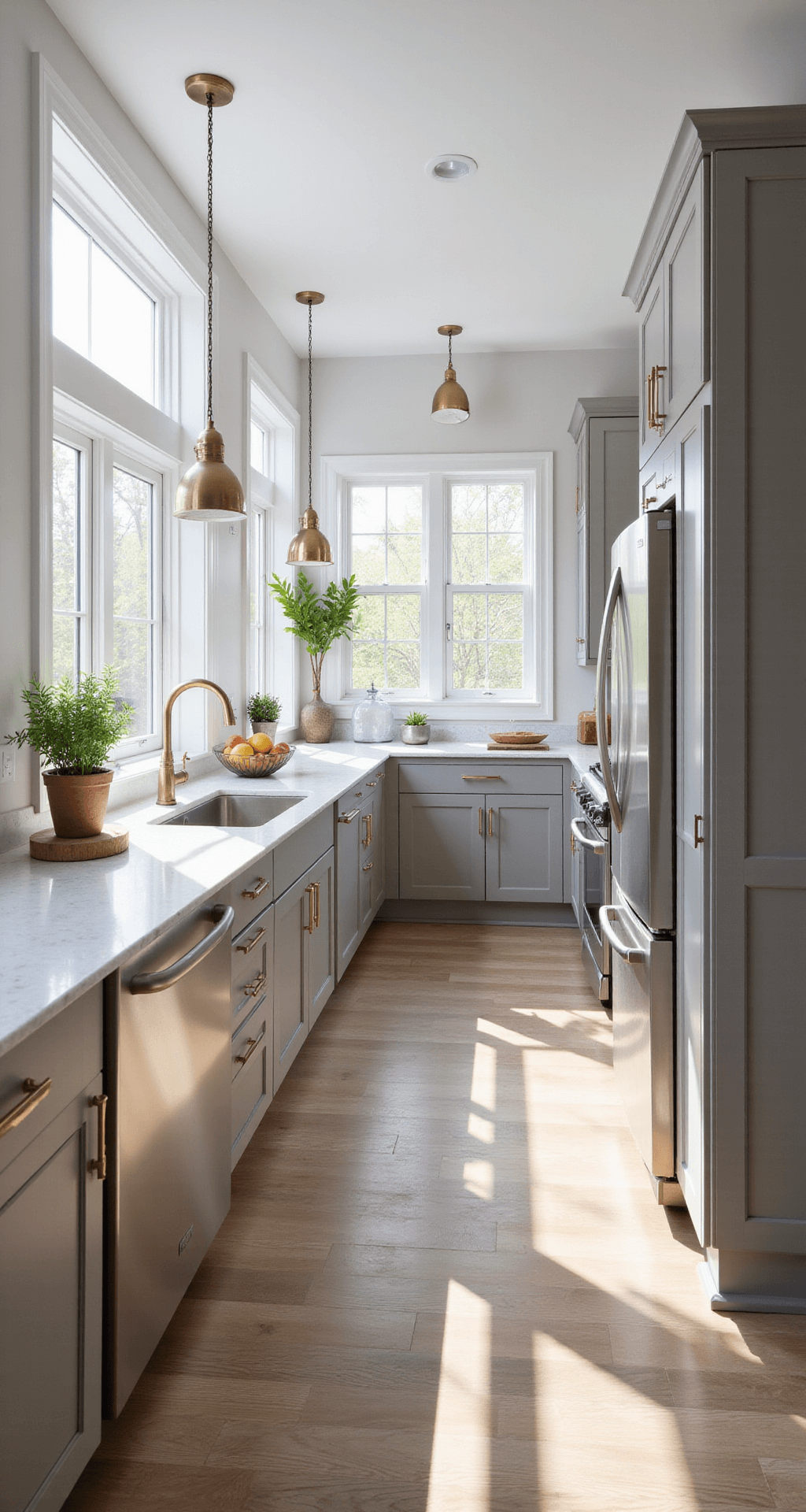 Light Taupe Kitchen Cabinets: Your Ultimate Design Secret Weapon A modern kitchen featuring light taupe cabinets and a marble-topped island, illuminated by natural morning light from floor-to-ceiling windows, with white quartz countertops, stainless steel appliances, and warm wide-plank white oak flooring, styled with artisanal ceramics and fresh herbs in copper planters.