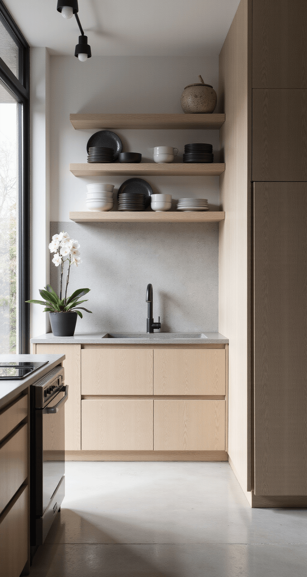 Light Taupe Kitchen Cabinets: Your Ultimate Design Secret Weapon A minimalist contemporary urban kitchen featuring pale oak handle-less cabinets, concrete waterfall edge countertops, and a floor-to-ceiling window wall, flooded with diffused light. The overhead view showcases a geometric layout, organized open shelving with monochrome dishes, and a single orchid, with sharp shadows and high contrast lighting highlighting the architectural details.