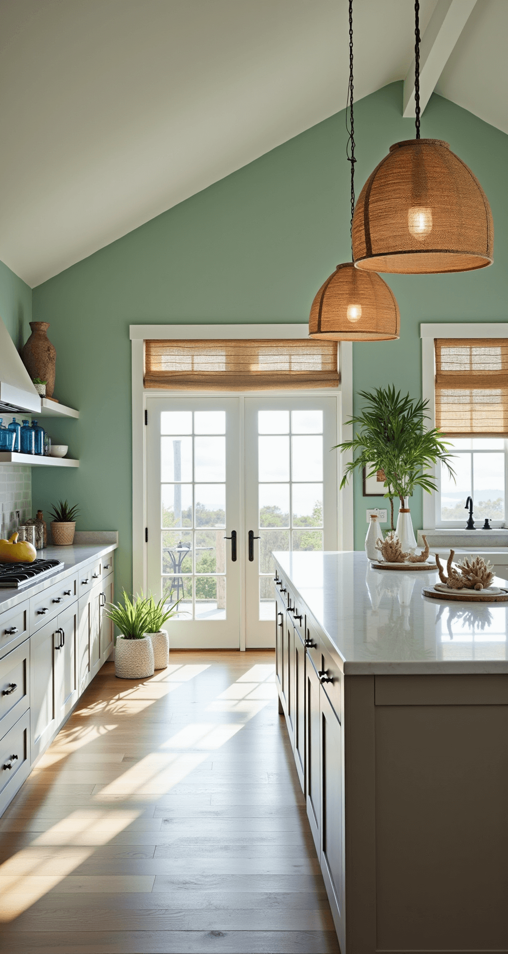 Light Taupe Kitchen Cabinets: Your Ultimate Design Secret Weapon Bright coastal-inspired kitchen featuring light taupe shaker cabinets, seafoam green walls, and white quartzite countertops, complemented by rattan pendant lights and natural fiber roman shades. The wide angle captures French doors that enhance indoor-outdoor flow, adorned with coral decor, blue glassware, and potted palms, all bathed in airy sunlight with a subtle lens flare.