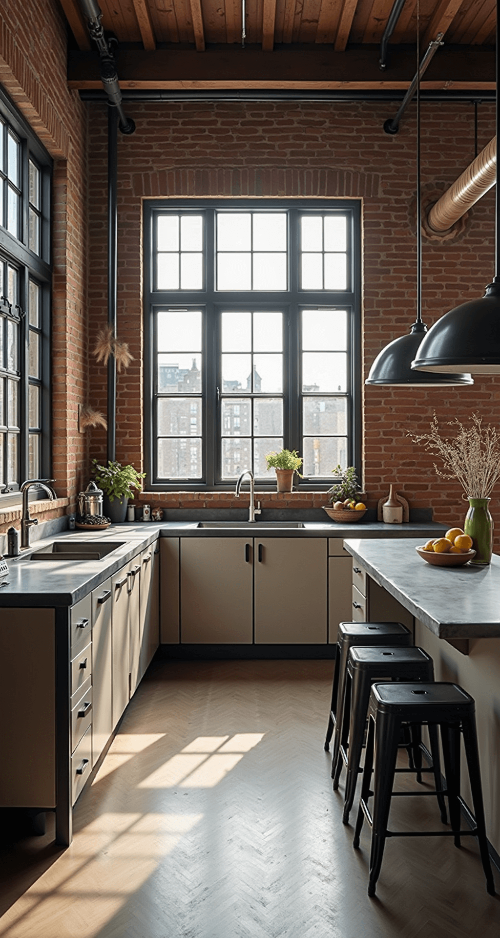 Light Taupe Kitchen Cabinets: Your Ultimate Design Secret Weapon A stylish industrial chic kitchen featuring exposed brick walls, light taupe flat-panel cabinets with steel frames, and aged zinc countertops. The loft-style space is illuminated by factory-style windows, with vintage industrial lighting and metal bar stools accentuating the dramatic verticality of the room.