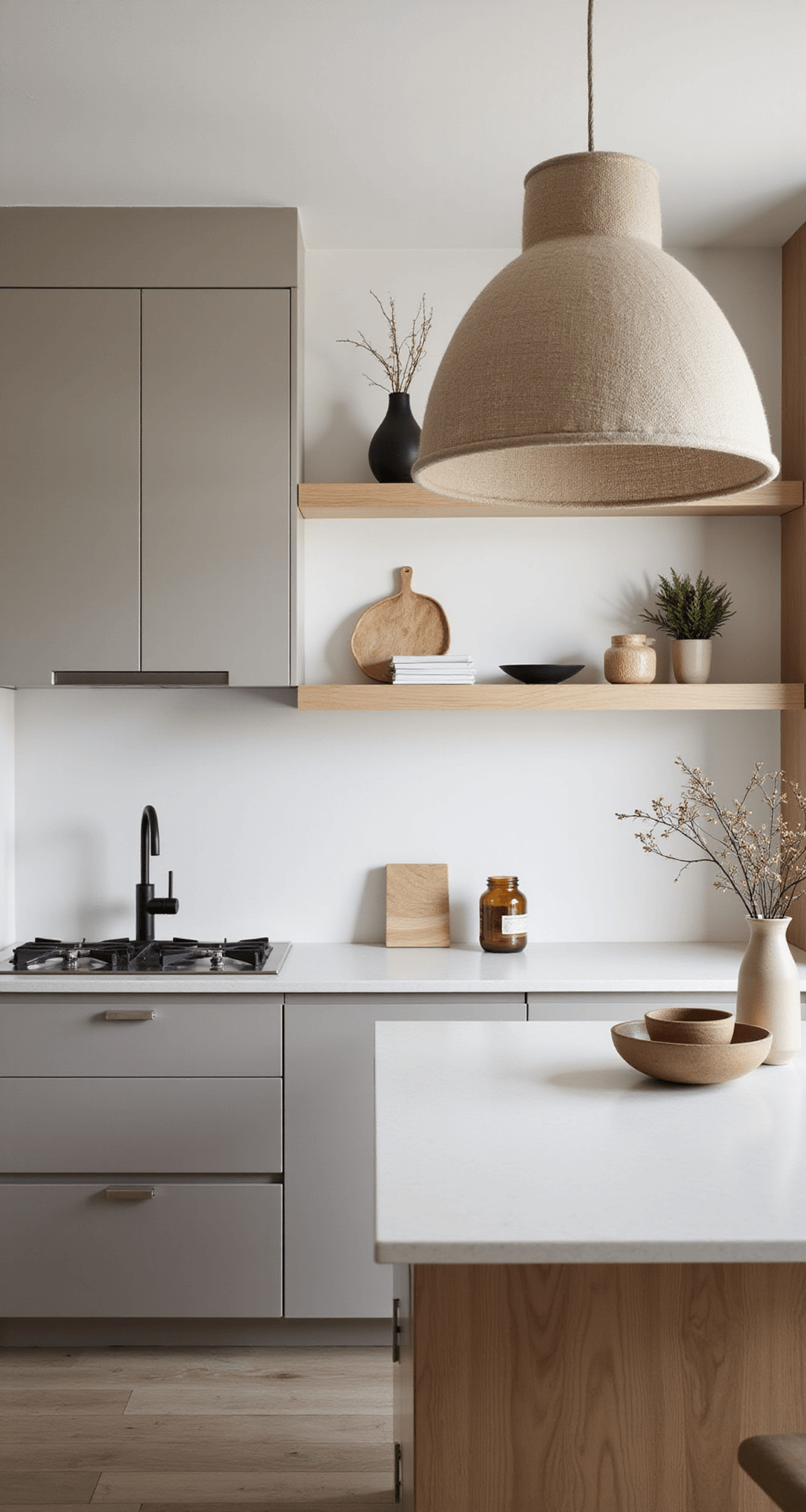 Light Taupe Kitchen Cabinets: Your Ultimate Design Secret Weapon A cozy 11x13ft Scandinavian-style kitchen featuring light taupe cabinets, blonde wood shelves, and white solid surface counters, illuminated by morning light. An oversized natural linen pendant hangs above a small dining nook, with minimal decor of earth-toned ceramics and dried botanicals, showcasing soft, diffused lighting that highlights the textures.