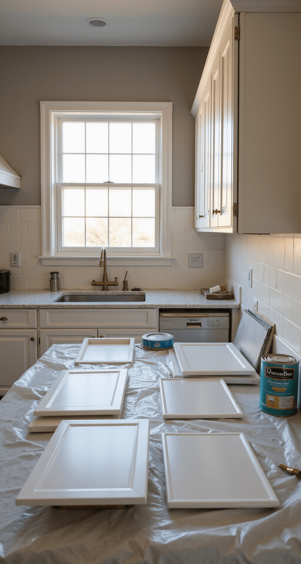How to Paint Kitchen Cabinets Like a Pro: Transform Your Space Without Breaking the Bank A bright modern kitchen renovation scene during golden hour, featuring white Shaker cabinets against warm gray walls, with natural light highlighting glossy countertops. Cabinet doors are removed and arranged on drop cloths, alongside organized painting supplies, showcasing pristine cabinet faces and professional brush techniques.