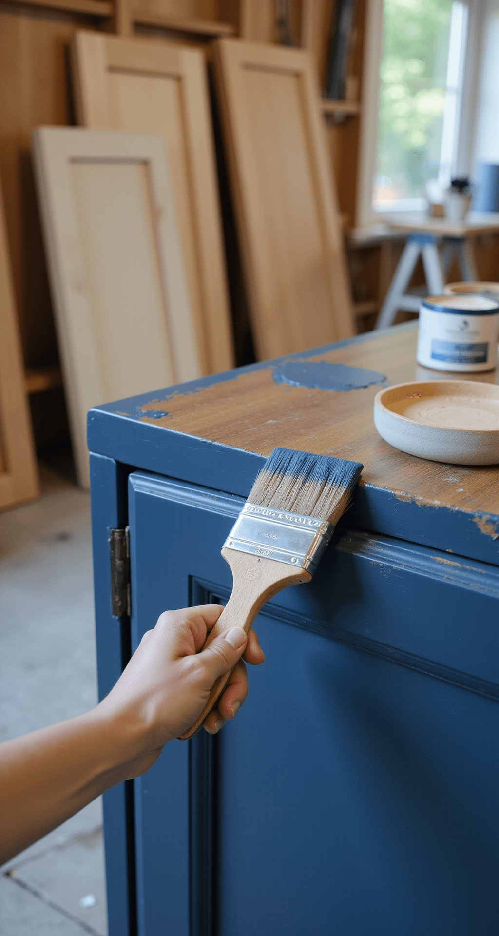 How to Paint Kitchen Cabinets Like a Pro: Transform Your Space Without Breaking the Bank Close-up of cabinet painting process featuring rich navy paint applied with an angled brush, showcasing wood grain texture beneath. Multiple cabinet doors are arranged on sawhorses in a clean, organized workspace.