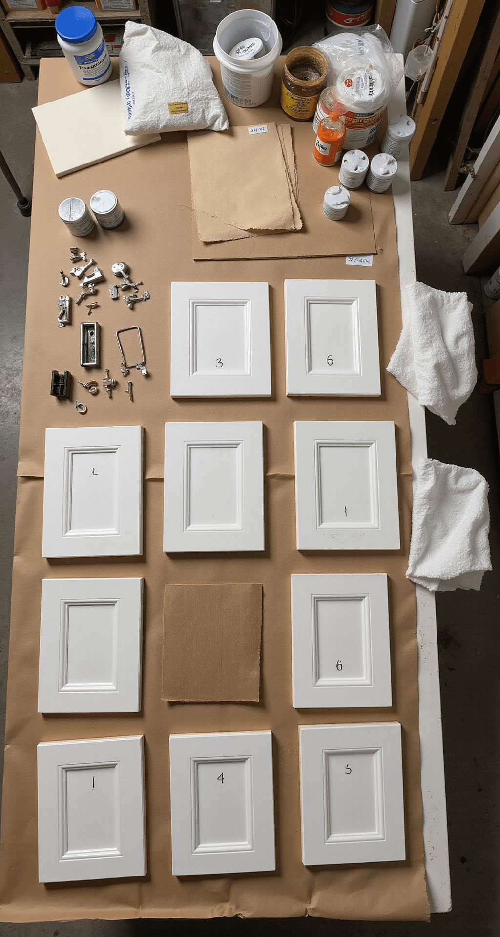 How to Paint Kitchen Cabinets Like a Pro: Transform Your Space Without Breaking the Bank Overhead view of a well-organized workshop prep station featuring a 6ft workbench covered in kraft paper, displaying neatly arranged cabinet hardware, labeled bags, and cleaning supplies like degreaser and sandpaper, with removed cabinet doors numbered and positioned in a grid pattern, all illuminated by technical overhead lighting.