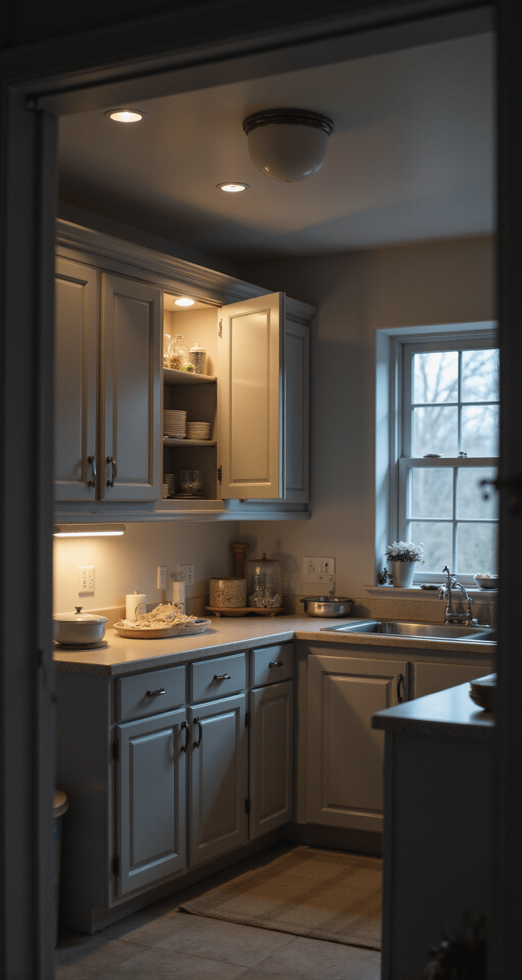 How to Paint Kitchen Cabinets Like a Pro: Transform Your Space Without Breaking the Bank Atmospheric evening kitchen scene featuring freshly painted gray cabinets with warm under-cabinet lighting, doors slightly ajar to showcase organized interiors, and a soft focus background of kitchen essentials, all highlighting the pristine paint finish.